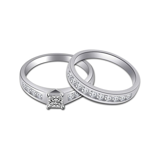 atjewels 925 Sterling Silver Princess & Round Cut White Cubic Zirconia Bridal Ring Set Size US 6 MOTHER'S DAY SPECIAL OFFER - atjewels.in