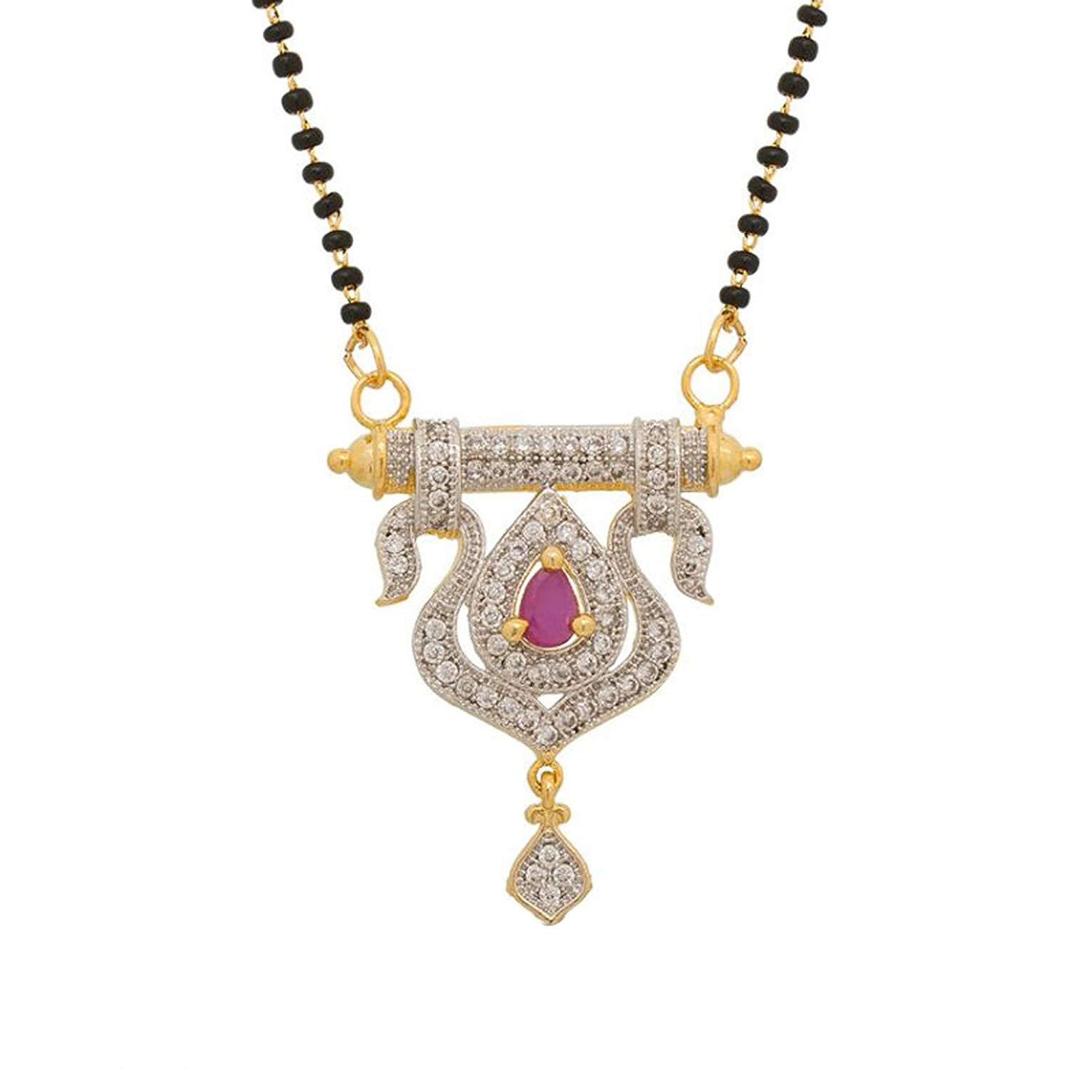 14K Two Tone Gold Over .925 Sterling Silver Pear shape Ruby & Round Cut White Diamond Mangalsutra Set For Women's MOTHER'S DAY SPECIAL OFFER - atjewels.in