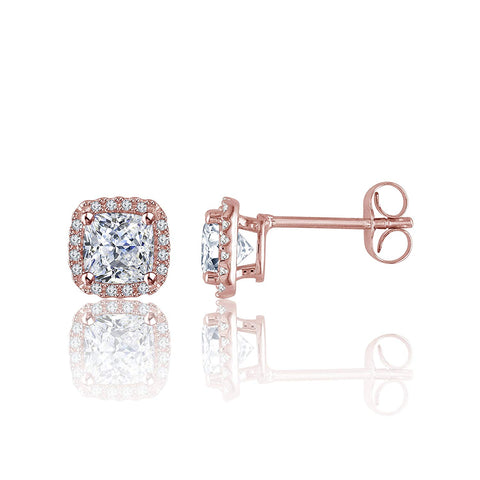 atjewels 14K Rose Gold Over .925 Sterling Silver Cushion & Round Cut White CZ Stud Earrings For Women's MOTHER'S DAY SPECIAL OFFER - atjewels.in