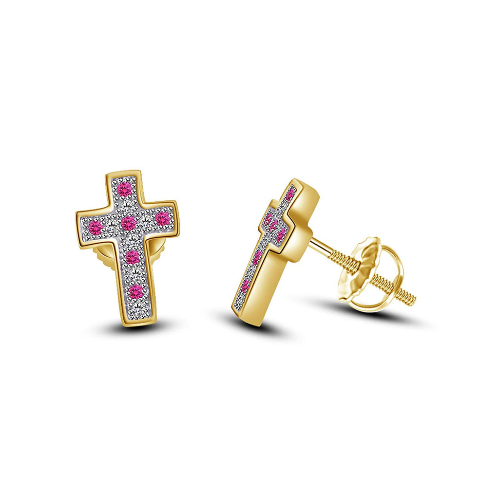 atjewels 14K Yellow Gold Over on .925 Sterling Silver Round Cut Pink Sapphire & White CZ Cross Stud Earrings For Women's MOTHER'S DAY SPECIAL OFFER - atjewels.in