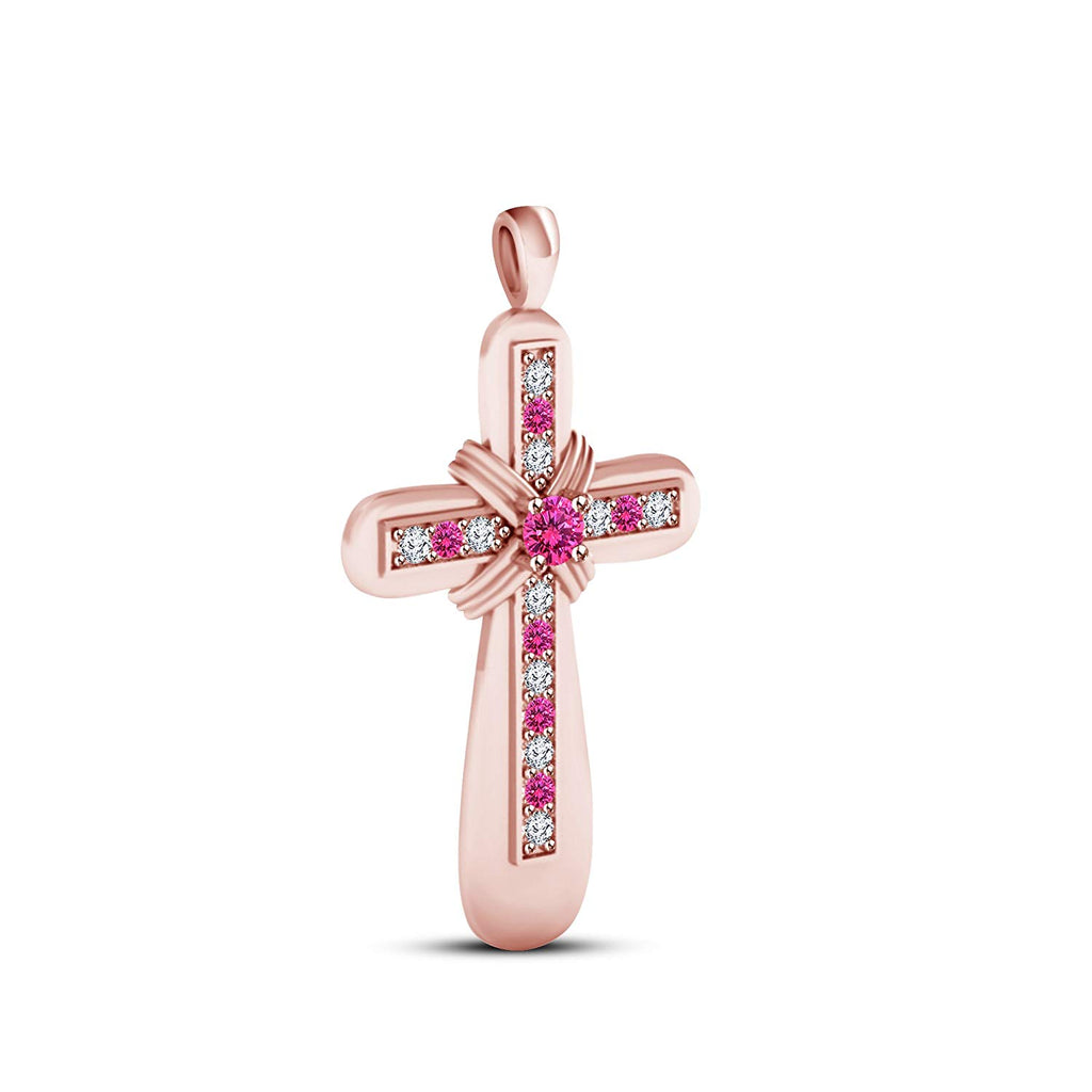 atjewels 18K Rose Gold Over 925 Sterling Pink Sapphire and White CZ Cross Pendant MOTHER'S DAY SPECIAL OFFER - atjewels.in