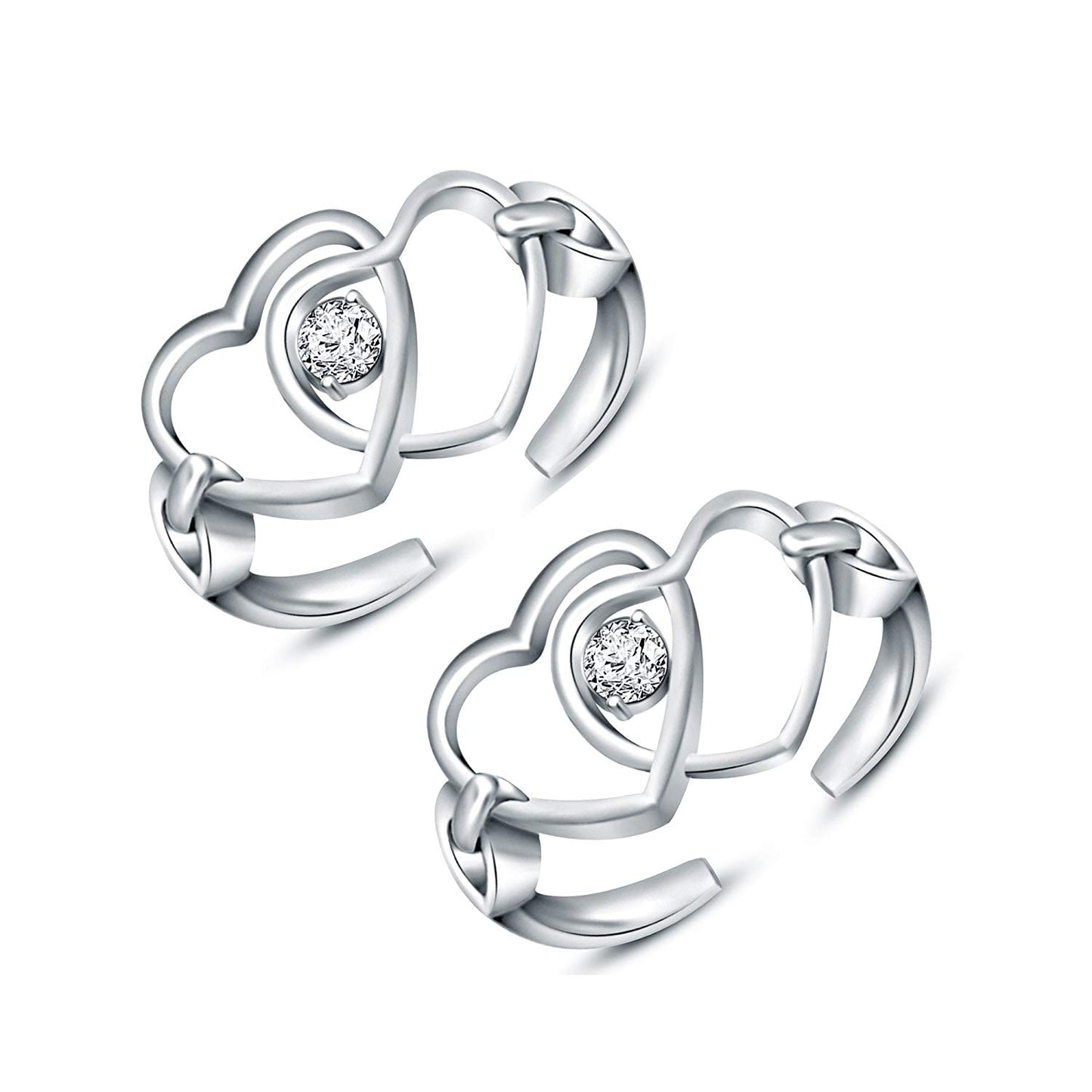 atjewels Solid .925 Sterling Silver White Round White CZ Double Heart ToeRing for Women - atjewels.in