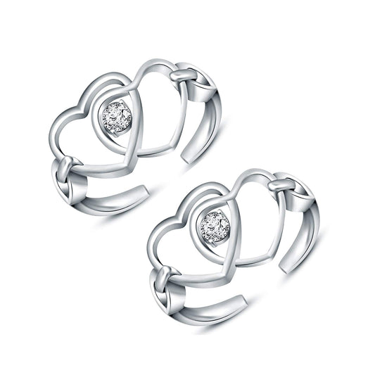 atjewels Solid .925 Sterling Silver White Round White CZ Double Heart ToeRing for Women - atjewels.in