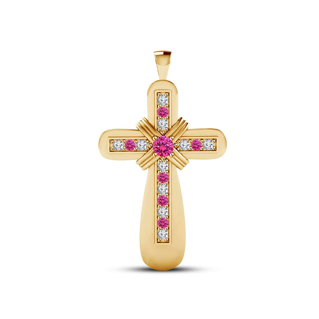 atjewels 18K Yellow Gold Over 925 Sterling Pink Sapphire and White CZ Cross Pendant MOTHER'S DAY SPECIAL OFFER - atjewels.in