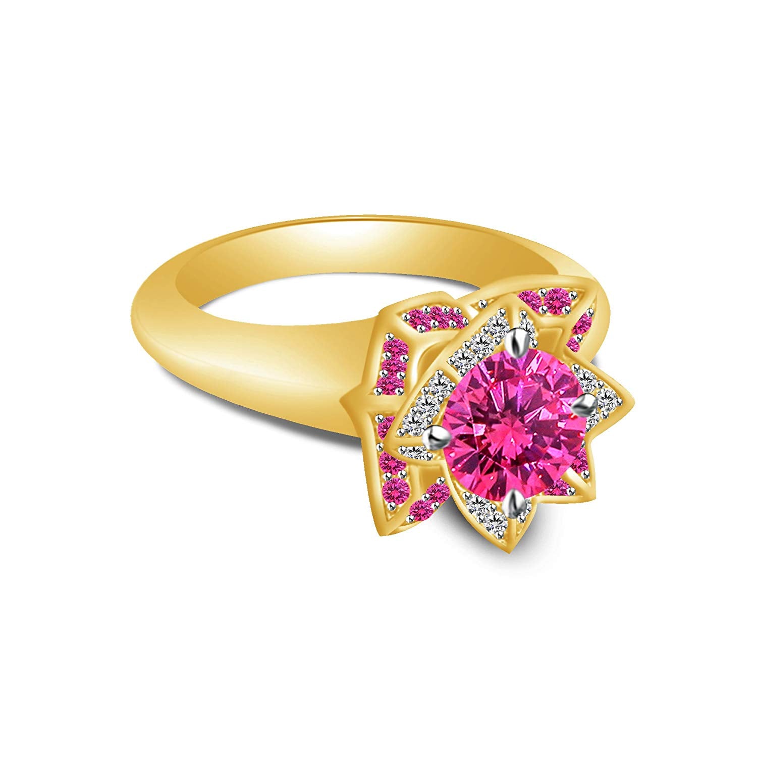 atjewels Sapphire and White CZ with 14K Yellow Gold Over 925 Sterling Silver Disney Princess Lotus Ring MOTHER'S DAY SPECIAL OFFER - atjewels.in