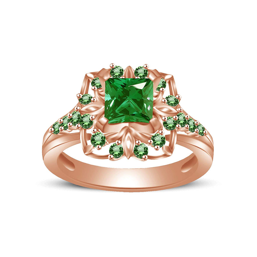 atjewels Princess & Round Cut Green Emerald 14k Rose Gold Over .925 Sterling Silver Engagement Ring Size 8 For Women's and Girl's MOTHER'S DAY SPECIAL OFFER - atjewels.in