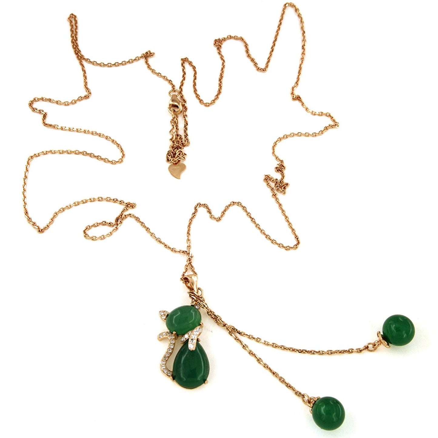 atjewels Rose Gold On 925 Sterling Silver Green Agate & White CZ Cat Pendant W/ 30" Chain MOTHER'S DAY SPECIAL OFFER - atjewels.in