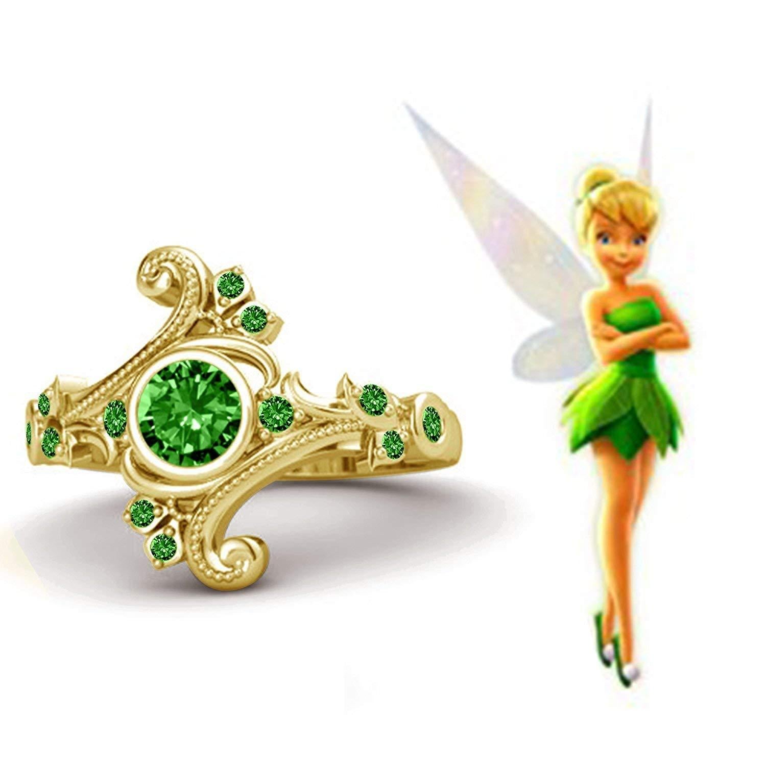atjewels Round Cut Green Emerald 14k Yellow Gold Over .925 Sterling Silver  Princess Engagement & Flamenco Ring For Women's and Girl's For Diwali Special - atjewels.in