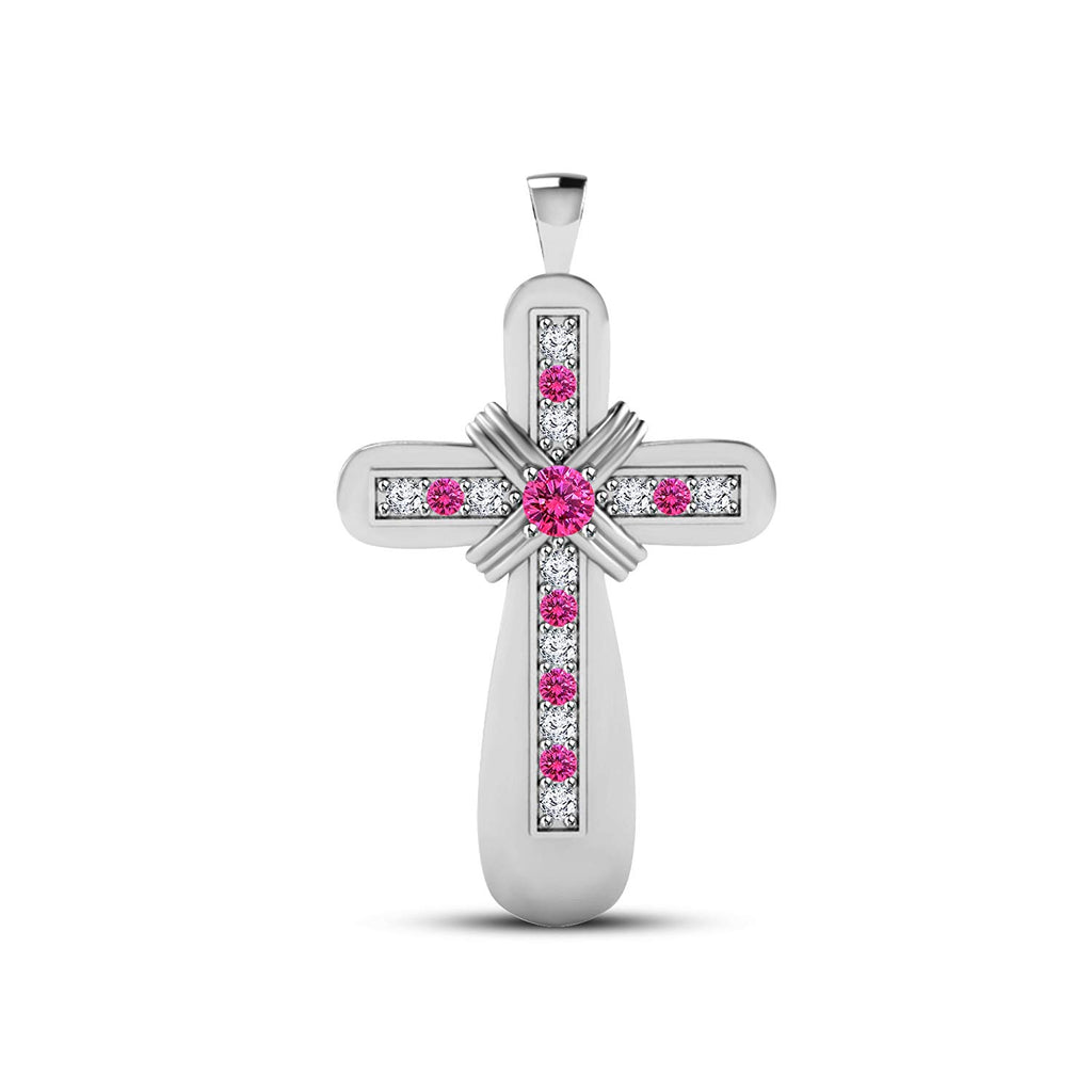 atjewels 18K White Gold On 925 Silver Round Pink Sapphire and White CZ Love and Cross Pendant MOTHER'S DAY SPECIAL OFFER - atjewels.in