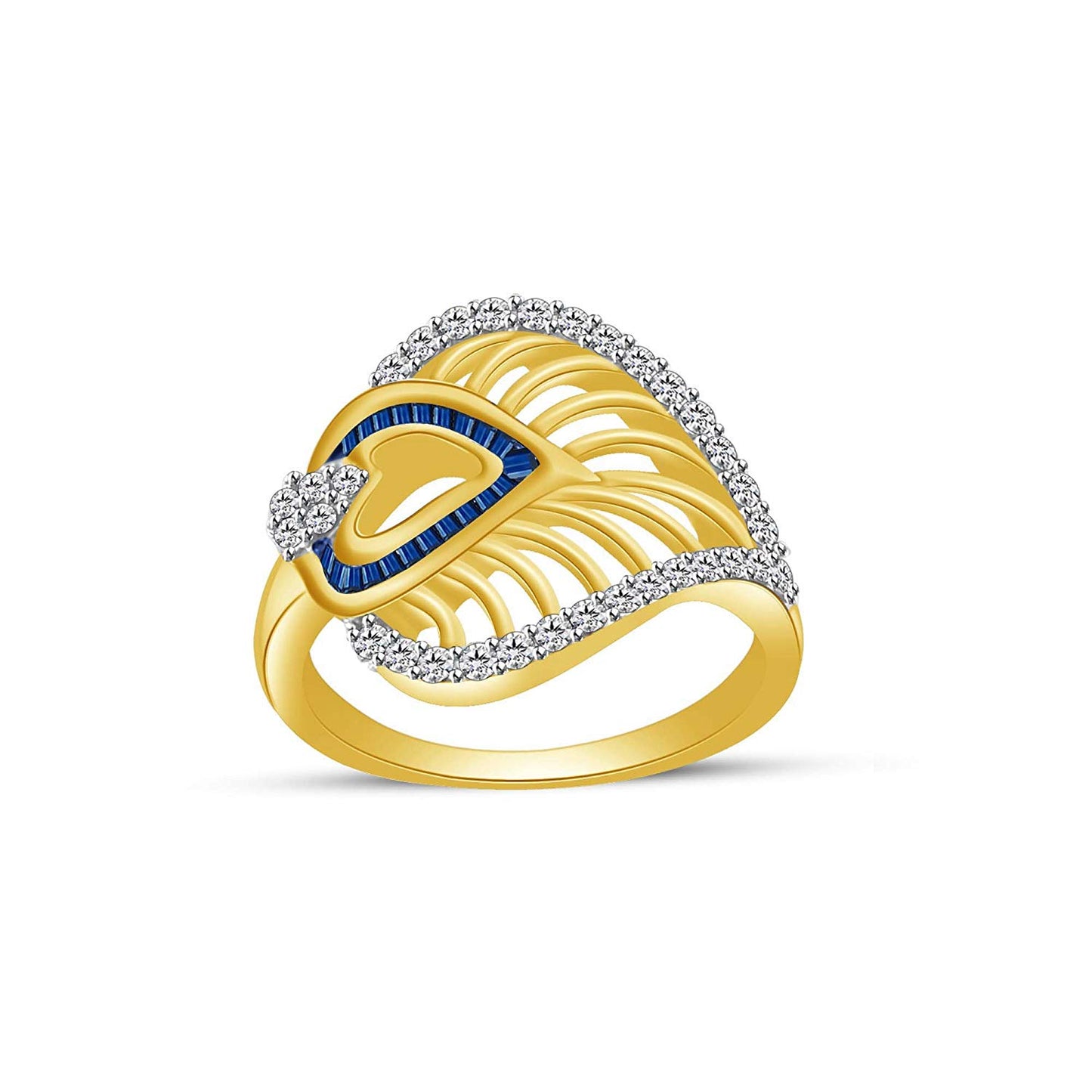 atjewels Round Cut & Baguette Blue Sapphire & White CZ 14k Yellow Gold Over Sterling Silver Engagement Ring For Girl's & Women's For Navratri Special - atjewels.in
