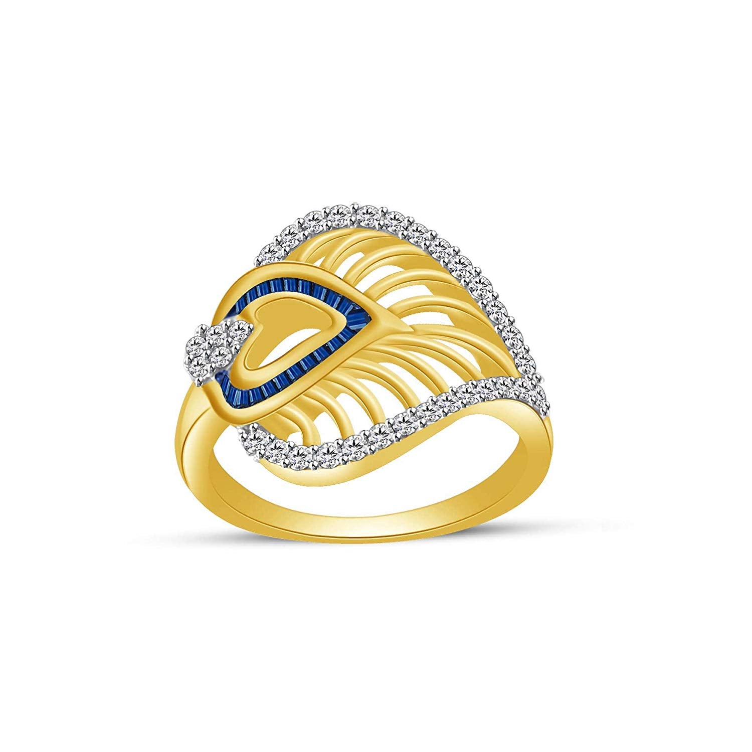 atjewels Round Cut & Baguette Blue Sapphire & White CZ 14k Yellow Gold Over Sterling Silver Engagement Ring For Girl's & Women's For Navratri Special - atjewels.in