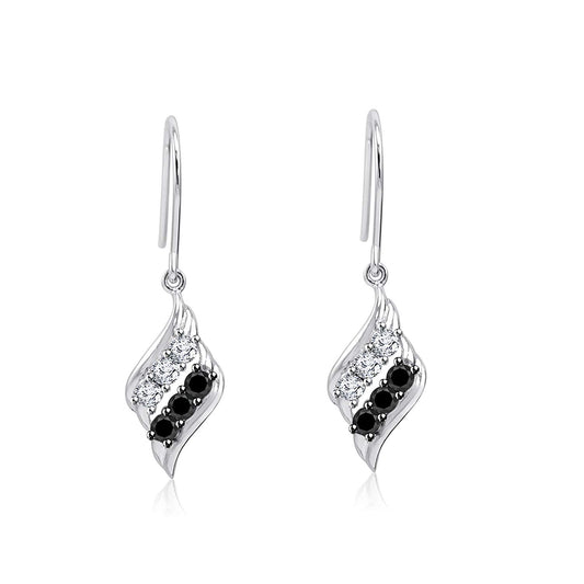 atjewels 14k White Gold Over .925 Silver Round Black and White Cubic Zirconia Shepherd's Hook Earrings For Women's MOTHER'S DAY SPECIAL OFFER - atjewels.in