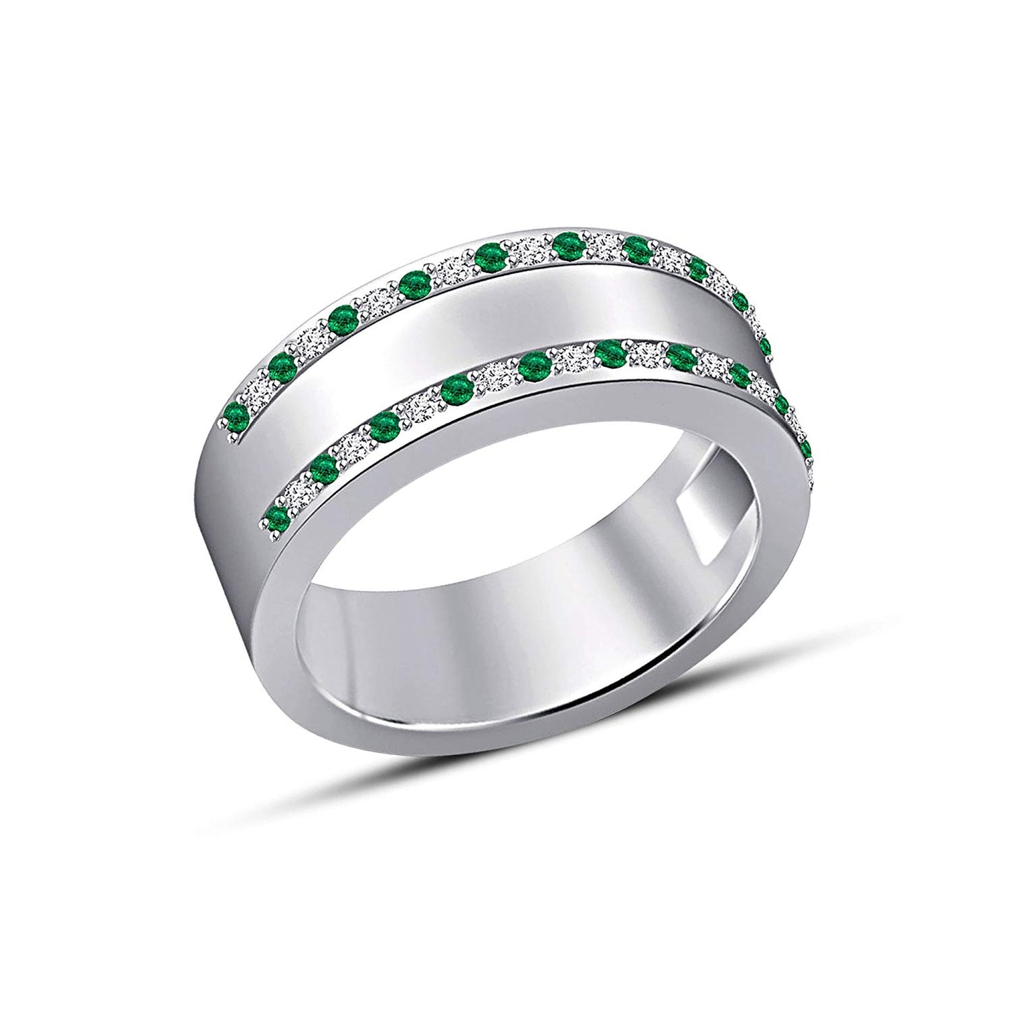 14k White Gold Over 925 Sterling Silver Round Cut Green Emerald & Black Cubic Zirconia Diamond Princess Engagement Wedding With Band Ring Set - atjewels.in
