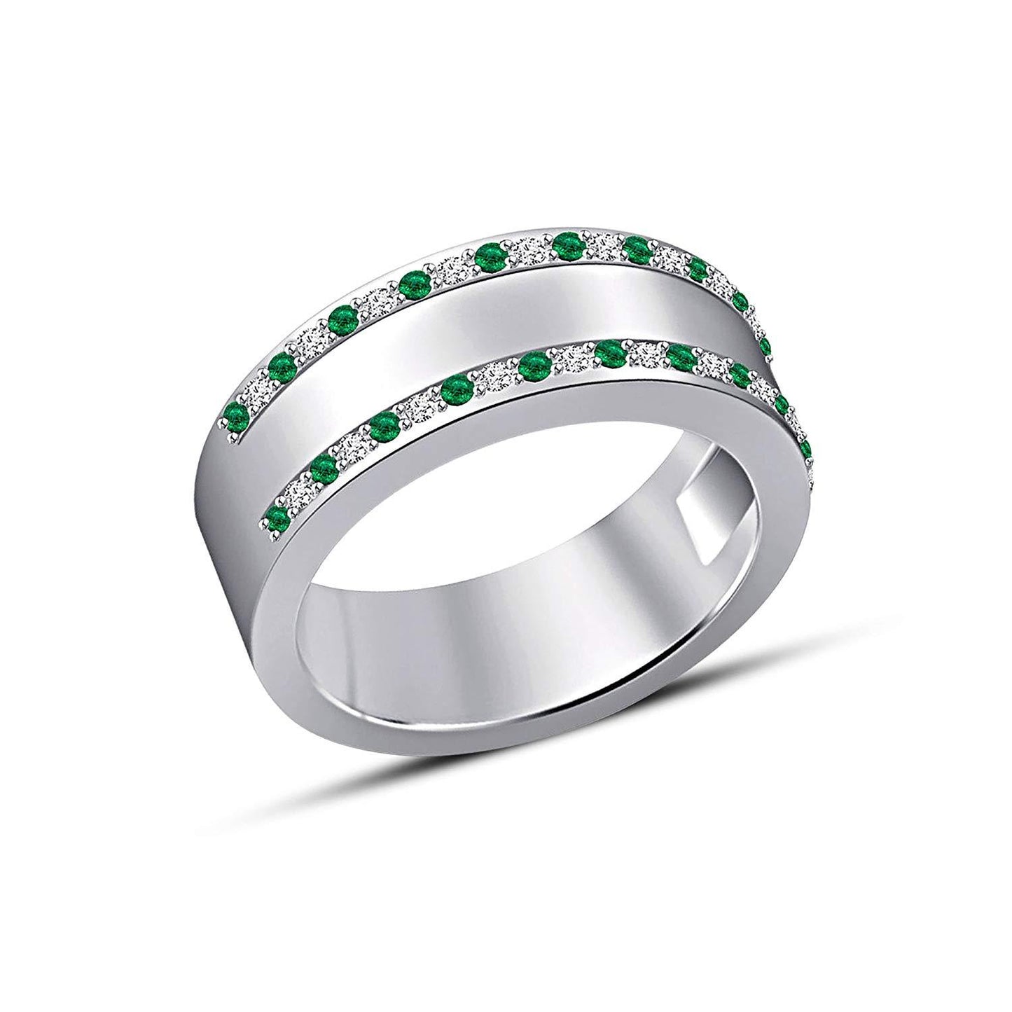 14k White Gold Over 925 Sterling Silver Round Cut Green Emerald & Black Cubic Zirconia Diamond Princess Engagement Wedding With Band Ring Set - atjewels.in