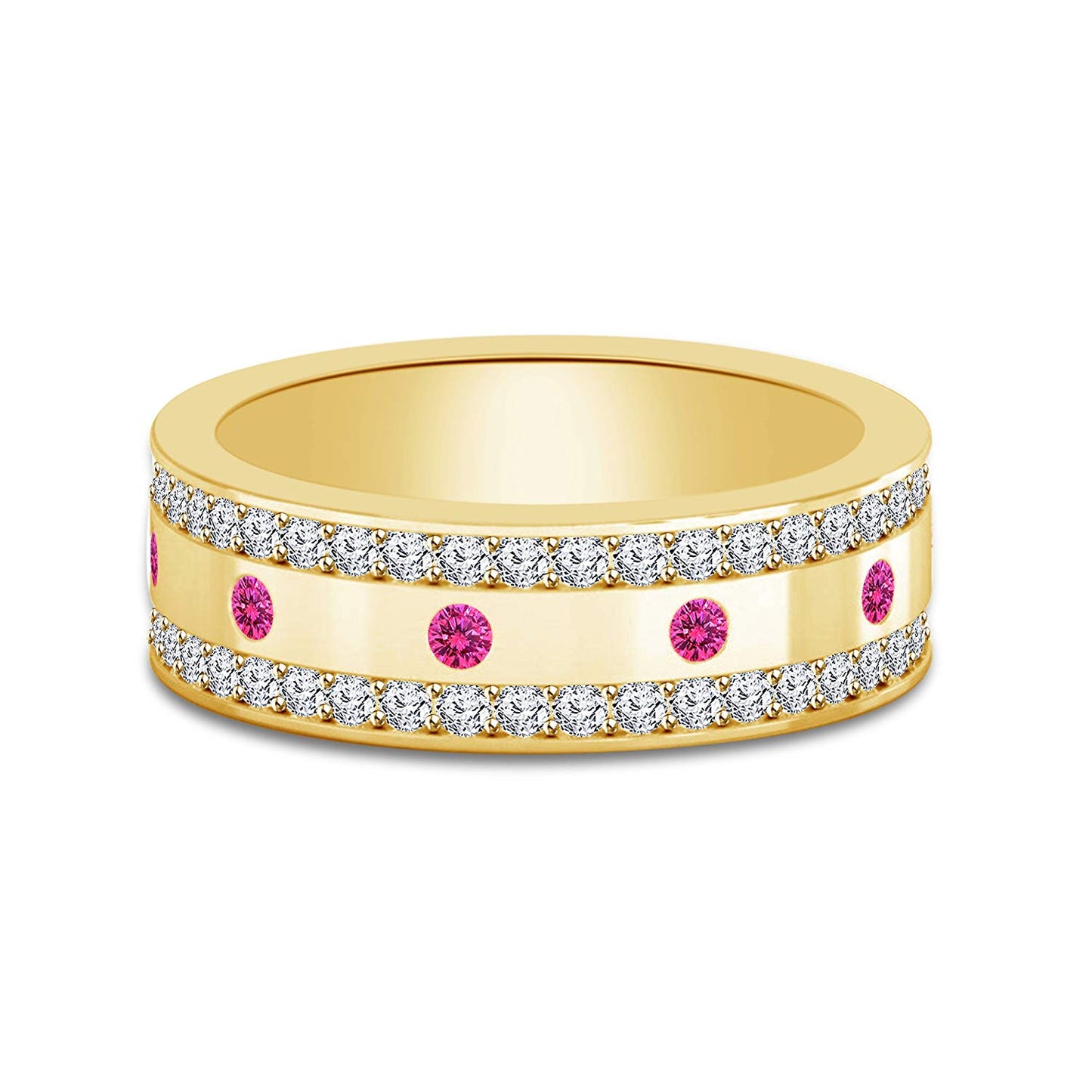 atjewels Round Pink Sapphire and White CZ in 14K Yellow Gold Over 925 Sterling Silver Wedding Band Ring MOTHER'S DAY SPECIAL OFFER - atjewels.in