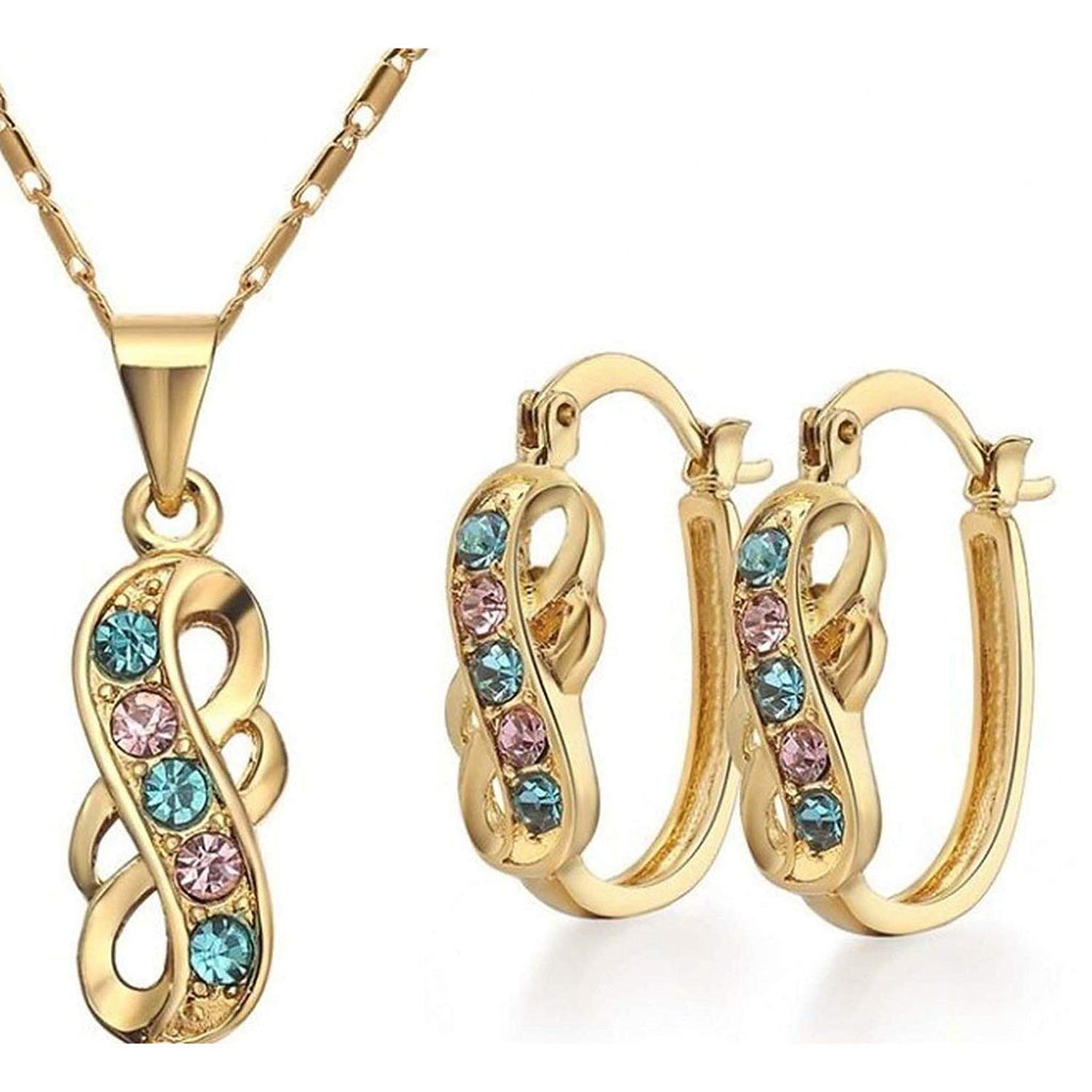 atjewels Round Aquamarine & Pink Sapphire 14k Yellow Gold Over .925 Sterling Silver Fashion Earrings, Ring & Pendant Jewelry Set For Women's/Girl's For Ganesh Chaturthi Special - atjewels.in