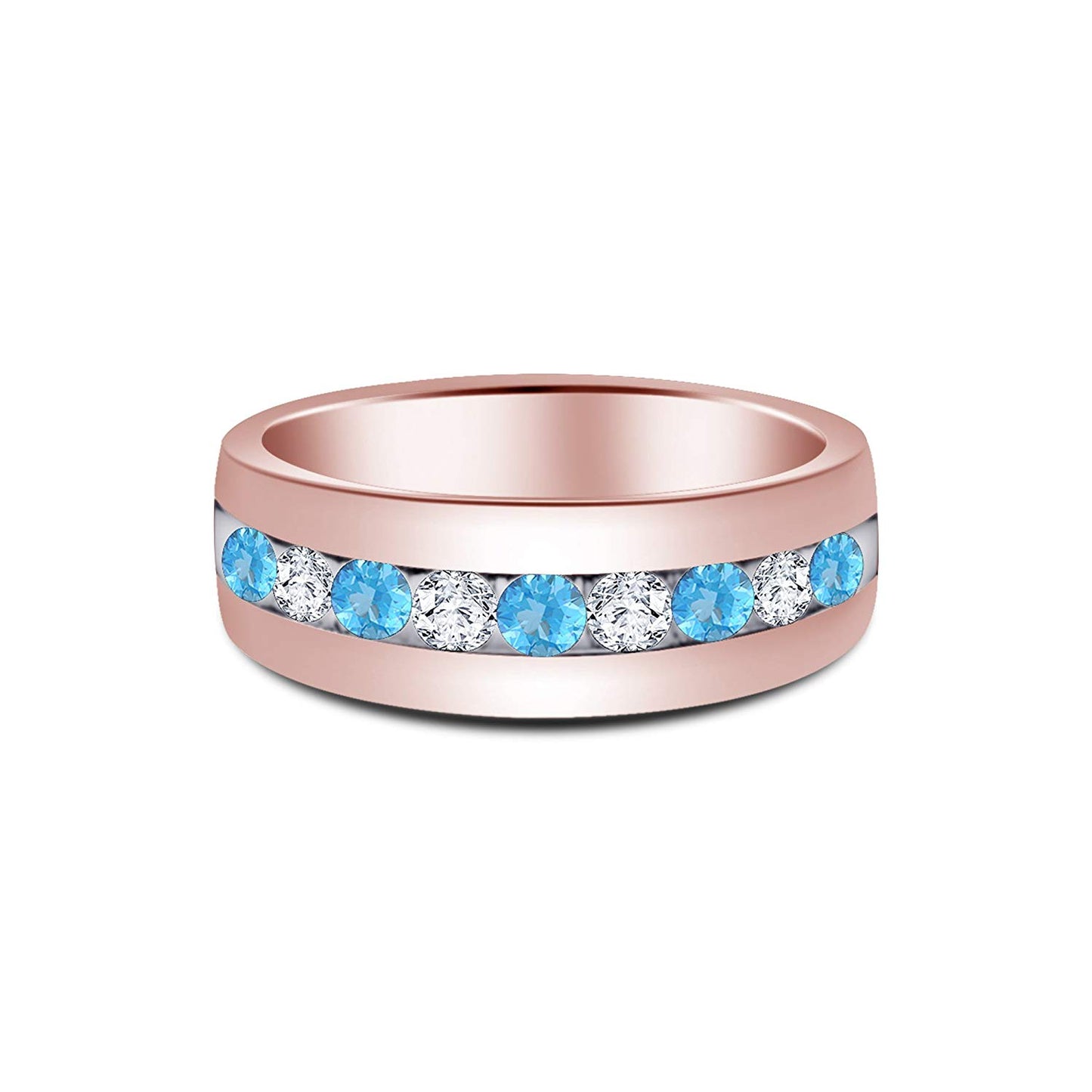 atjewels Round Cut Aquamarine & White CZ 14k Rose Gold Over .925 Sterling Silver Wedding Band Ring For Women's and Girl's For Diwali Special - atjewels.in