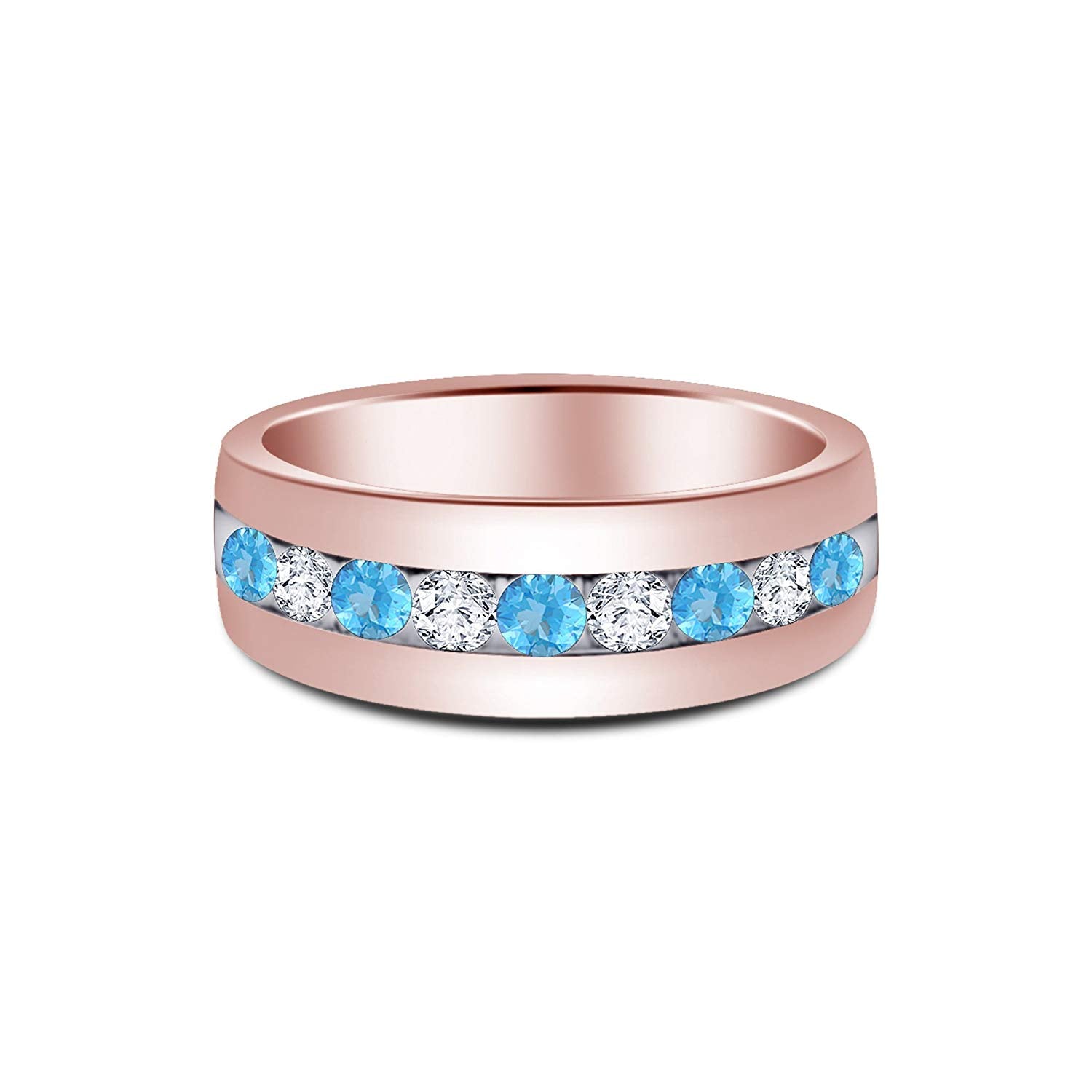 atjewels Round Cut Aquamarine & White CZ 14k Rose Gold Over .925 Sterling Silver Wedding Band Ring For Women's and Girl's For Diwali Special - atjewels.in