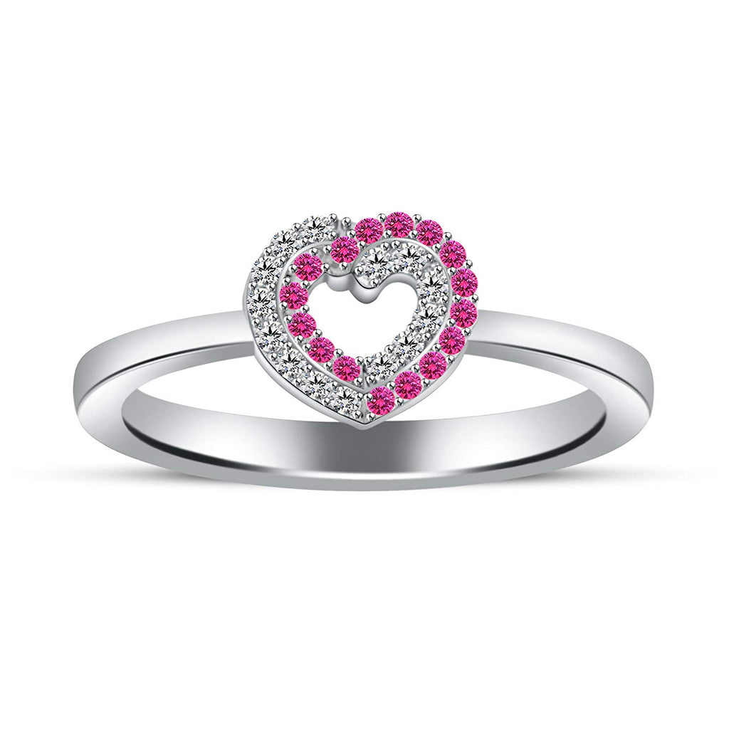 atjewels 14K White Gold on 925 Silver Round Pink Sapphire and White CZ Engagement Heart Ring MOTHER'S DAY SPECIAL OFFER - atjewels.in