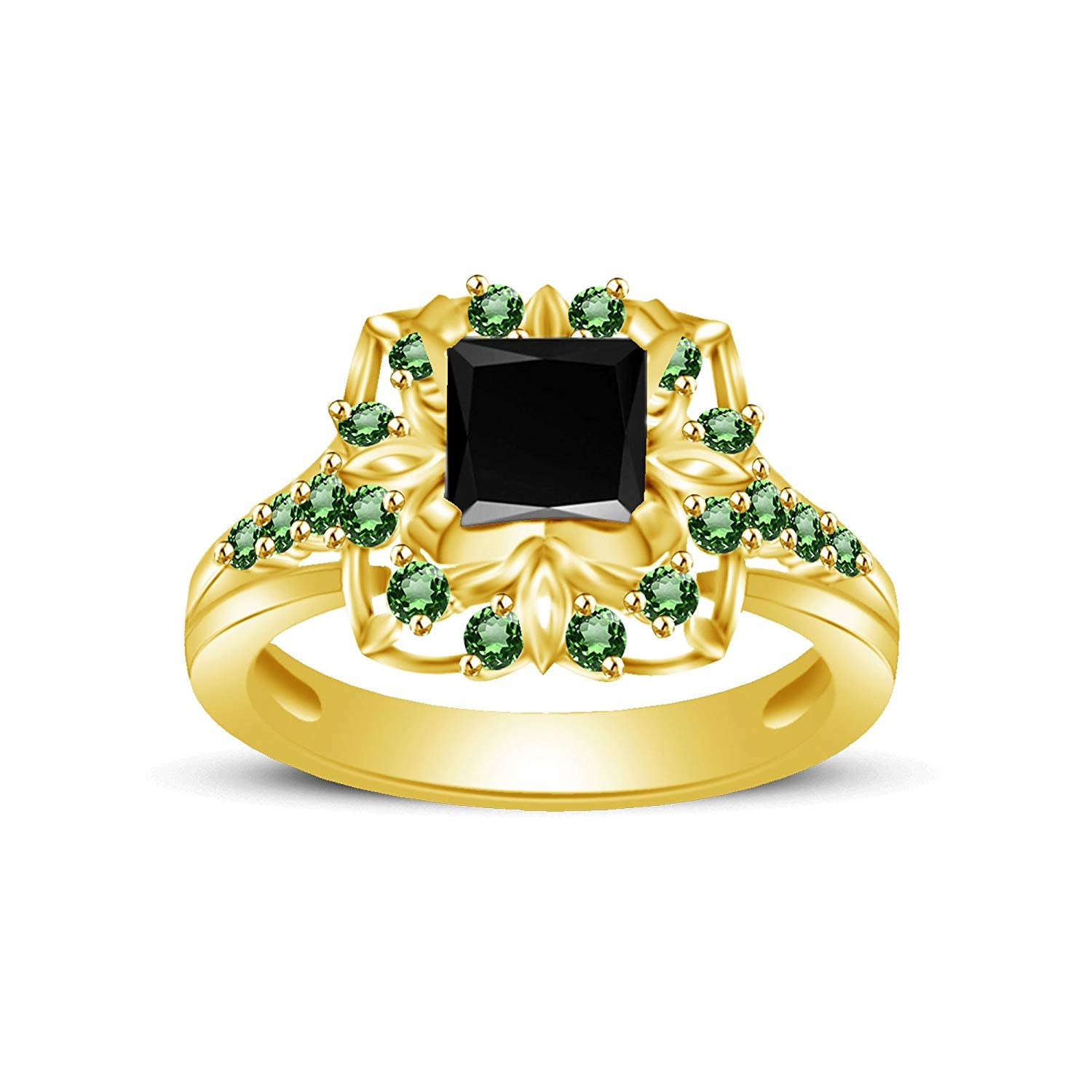 atjewels Princess & Round Cut Black Cubic Zirconia & Green Emerald 14k Yellow Gold Over .925 Sterling Silver Engagement Ring Size 6 For Women's and Girl's MOTHER'S DAY SPECIAL OFFER - atjewels.in