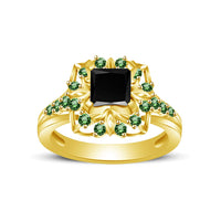 atjewels Princess & Round Cut Black Cubic Zirconia & Green Emerald 14k Yellow Gold Over .925 Sterling Silver Engagement Ring Size 7 For Women's and Girl's MOTHER'S DAY SPECIAL OFFER - atjewels.in
