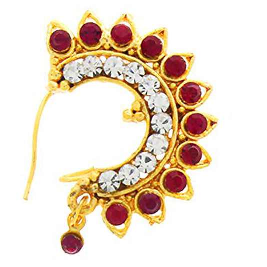 atjewels 14K Gold Plated .925 Sterling Silver With Round Cut White CZ & Pink Sapphire Maharashtrian Nath MOTHER'S DAY SPECIAL OFFER - atjewels.in
