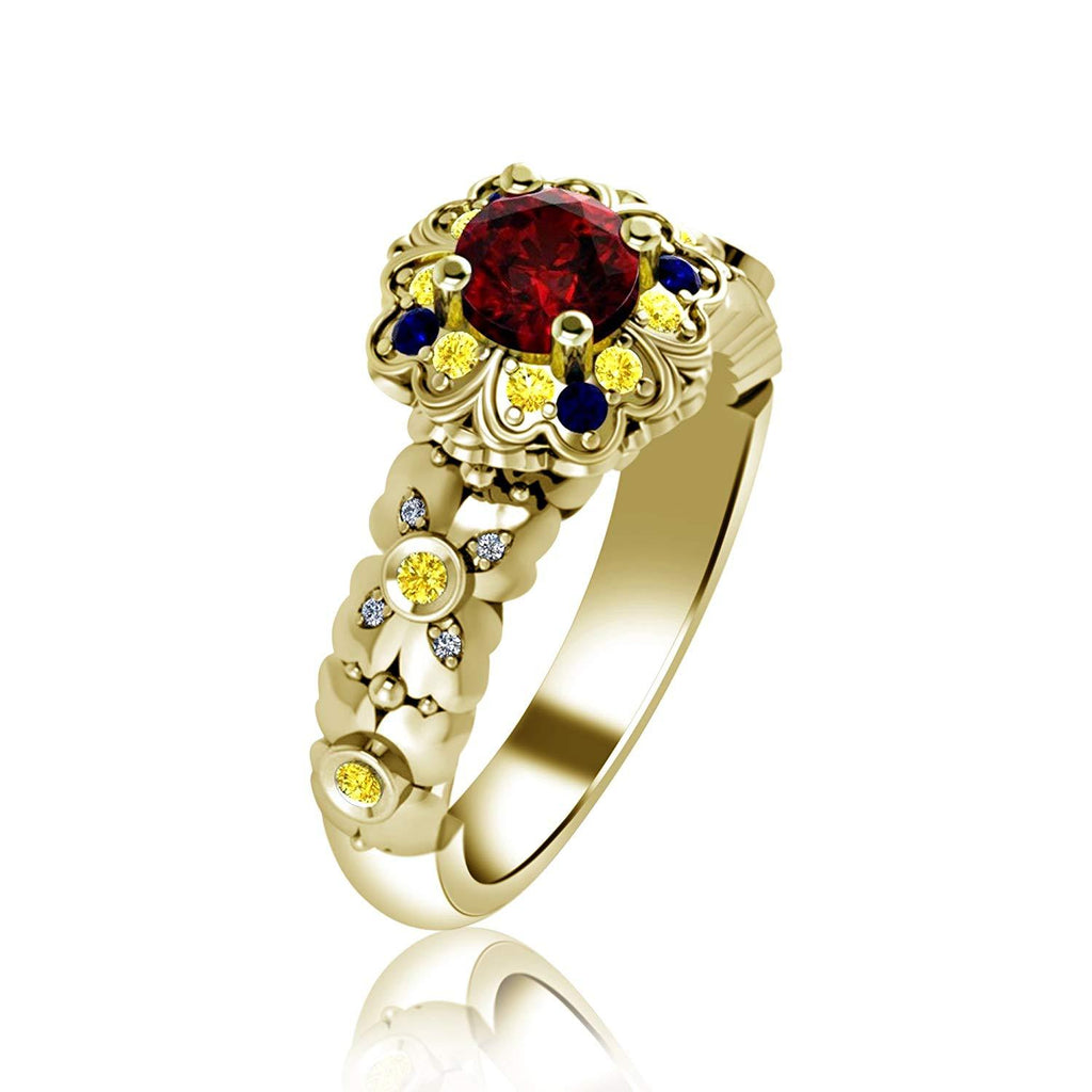 1.43 CT 14k Yellow Gold Over Round Cut Ruby 925 Sterling Silver With Round Black Cubic Zirconia & Cetrine Princess Solitaire with Accents Engagement Wedding Ring - atjewels.in