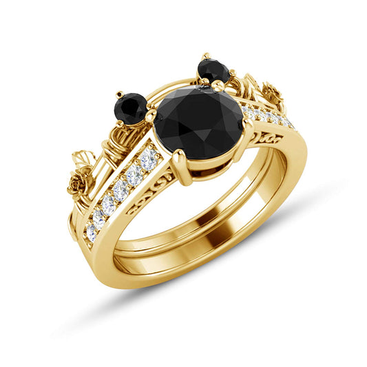 atjewels 18K Yellow Gold On .925 Sterling Silver Black & White CZ Mickey Mouse Bridal Ring Set MOTHER'S DAY SPECIAL OFFER - atjewels.in