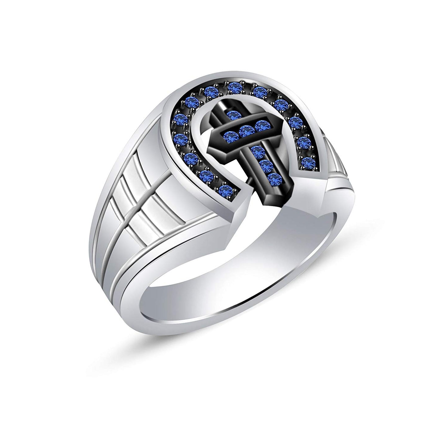 atjewels14K White and Black Gold Plated 925 Silver Round Blue Sapphire Cross Ring For Women MOTHER'S DAY SPECIAL OFFER - atjewels.in