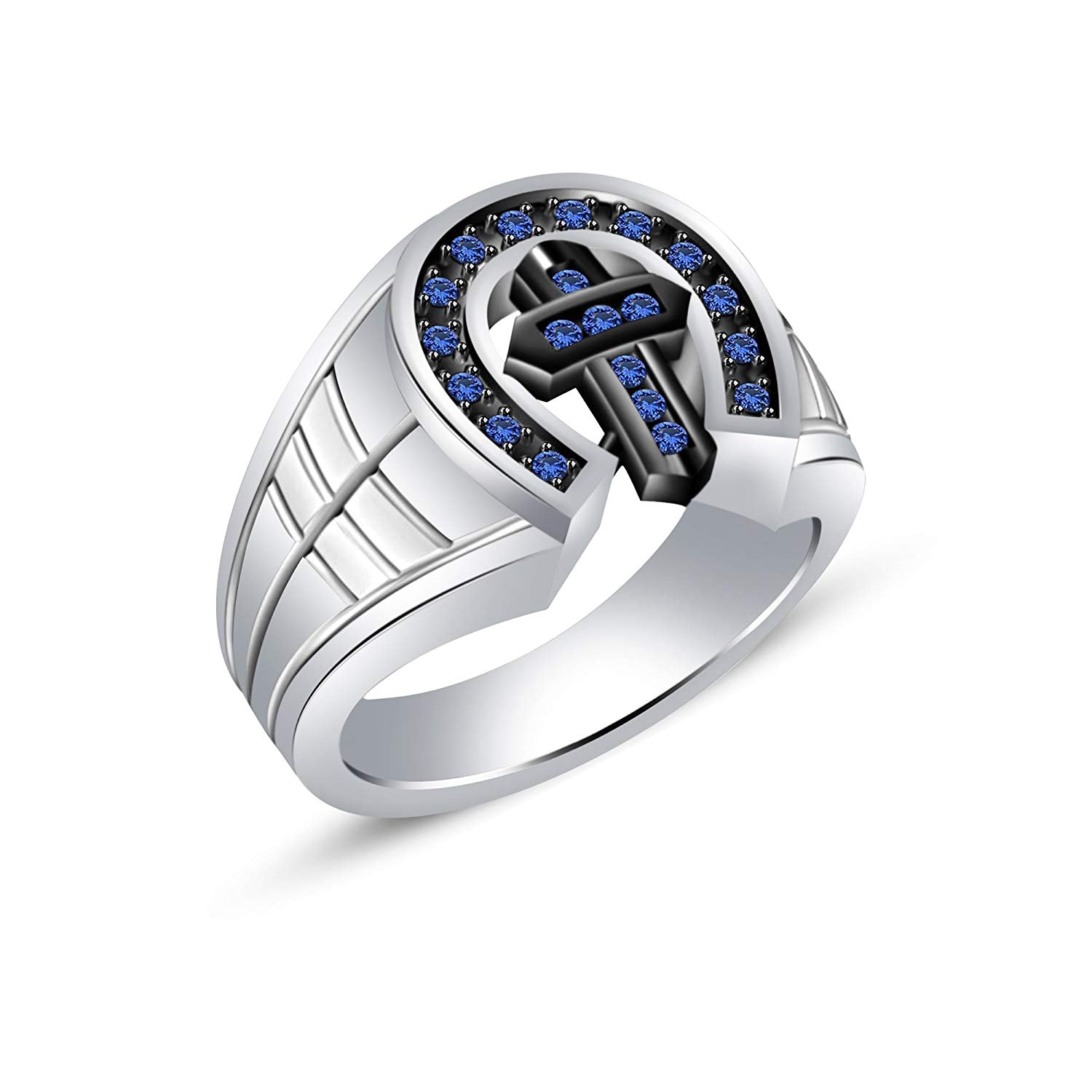 atjewels14K White and Black Gold Plated 925 Silver Round Blue Sapphire Cross Ring For Women MOTHER'S DAY SPECIAL OFFER - atjewels.in