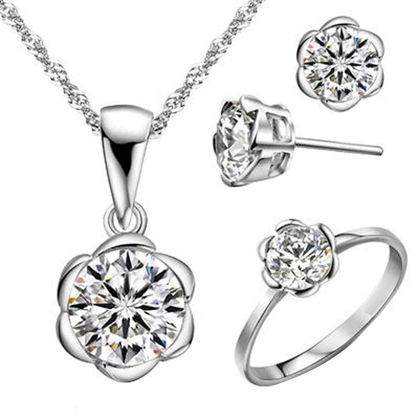 atjewels Round Cut White CZ .925 Sterling Silver Earrings, Ring & Pendant Jewelry Set For Women's/Girl's For Ganesh Chaturthi Special - atjewels.in