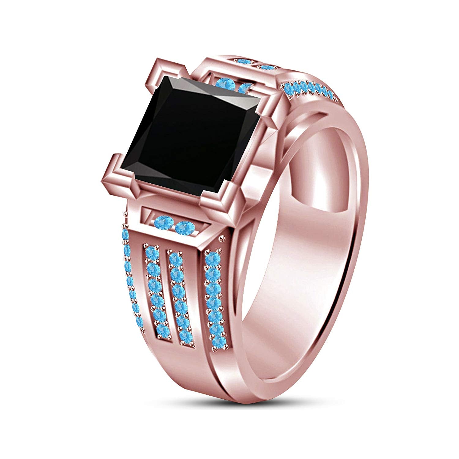 atjewels Rose Gold Plated on 925 Silver Aquamarine & Black Cz Slitaire with Accent Ring MOTHER'S DAY SPECIAL OFFER - atjewels.in