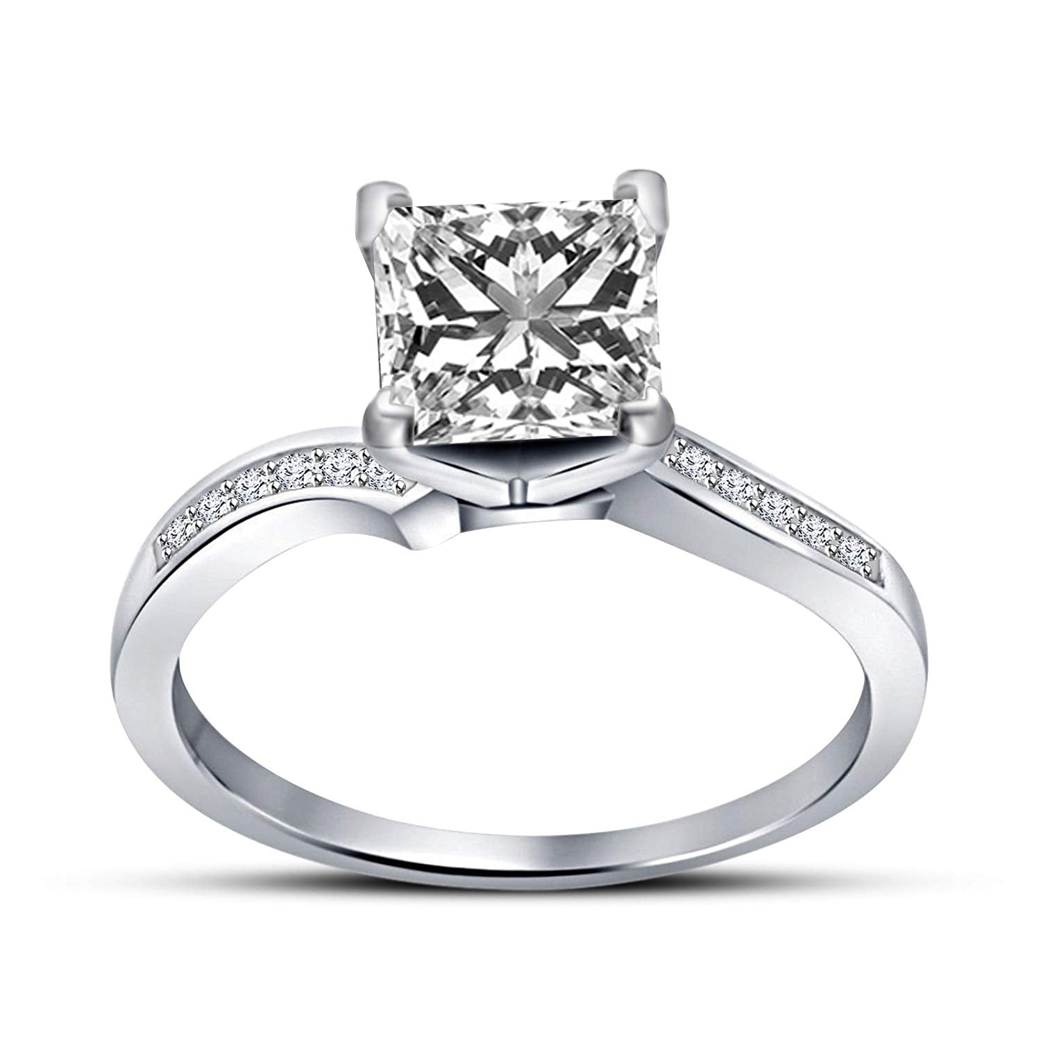 2.21 CT 14K White Gold Over 925 Sterling Silver Princess Cut White Cubic Zirconia Diamond Solitaire With Accents Band Ring For Women's - atjewels.in