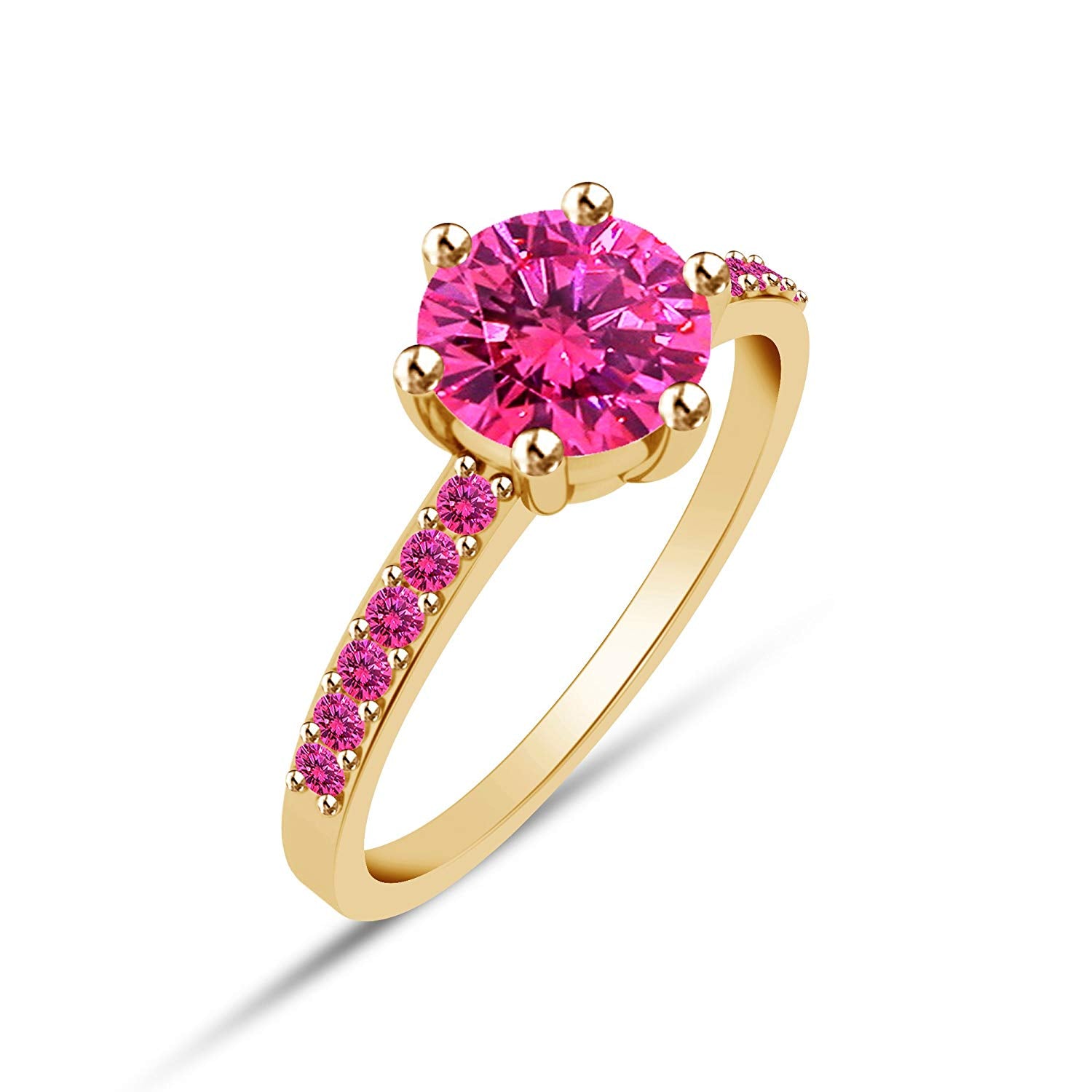 atjewels 18K Yellow Gold Over 925 Sterling Silver Round Pink Sapphire Solitaire with Accent Ring MOTHER'S DAY SPECIAL OFFER - atjewels.in