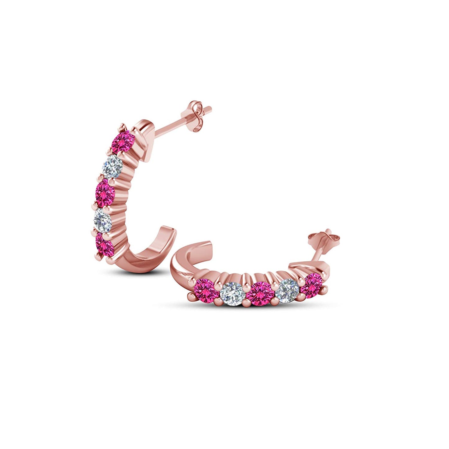 atjewels 14K Rose Gold Over Silver Round Pink Sapphire and White CZ Hoop J Earrings For Women's MOTHER'S DAY SPECIAL OFFER - atjewels.in