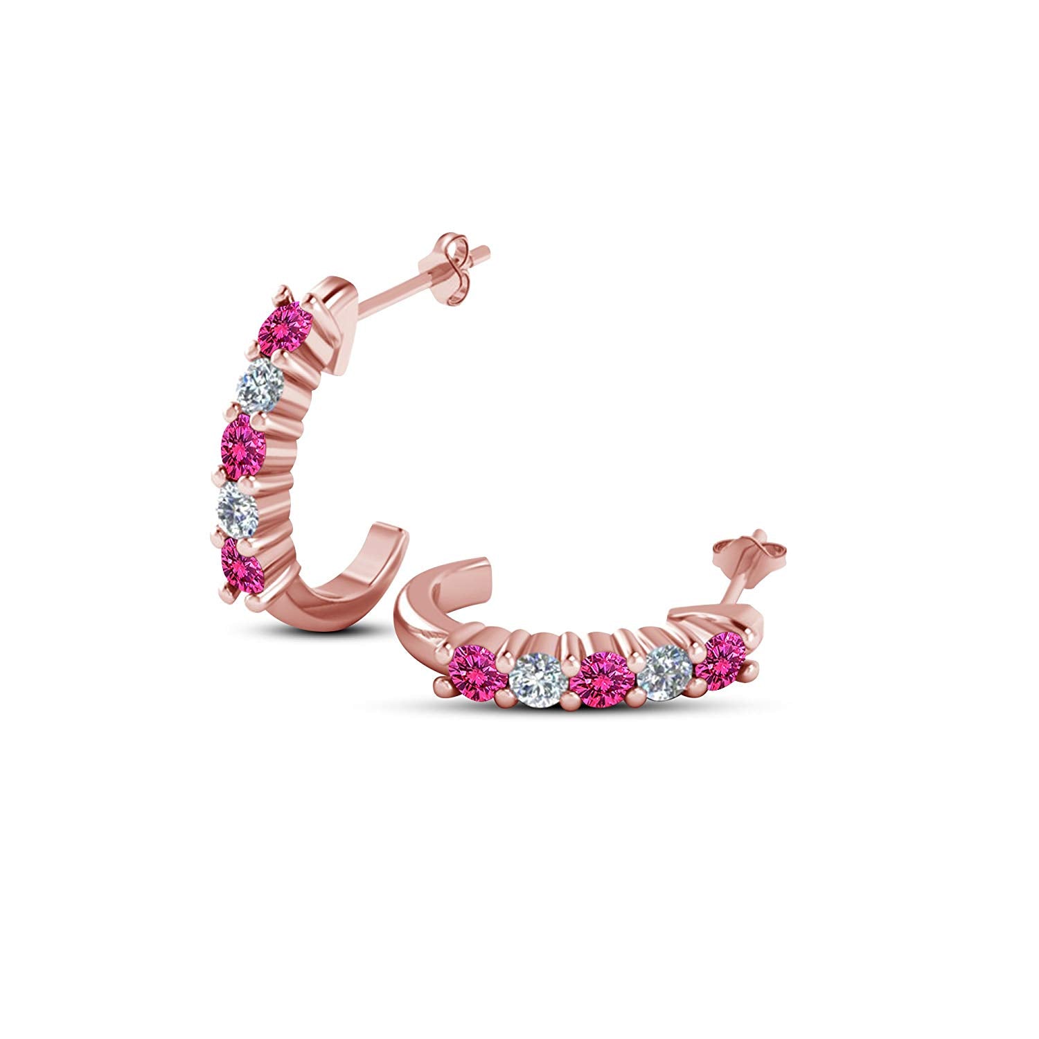 atjewels 14K Rose Gold Over Silver Round Pink Sapphire and White CZ Hoop J Earrings For Women's MOTHER'S DAY SPECIAL OFFER - atjewels.in
