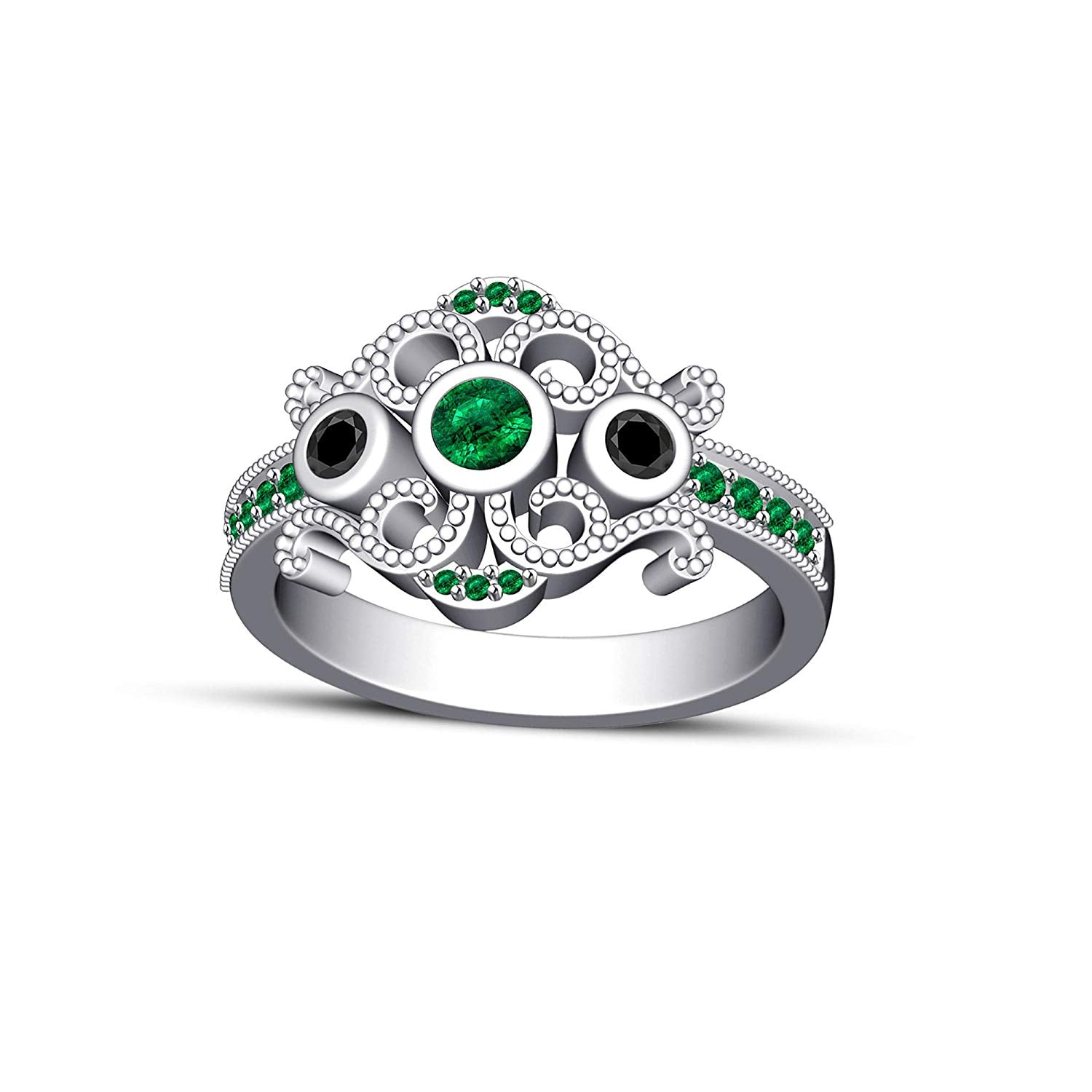 14k White Gold Over 925 Sterling Silver Round Cut Green Emerald & Black Cubic Zirconia Diamond Princess Engagement Wedding With Band Ring Set - atjewels.in