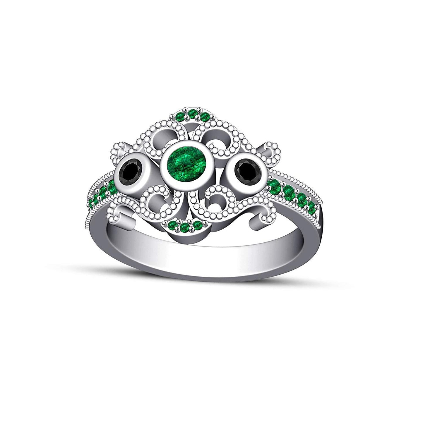 14k White Gold Over 925 Sterling Silver Round Cut Green Emerald & Black Cubic Zirconia Diamond Princess Engagement Wedding With Band Ring Set - atjewels.in