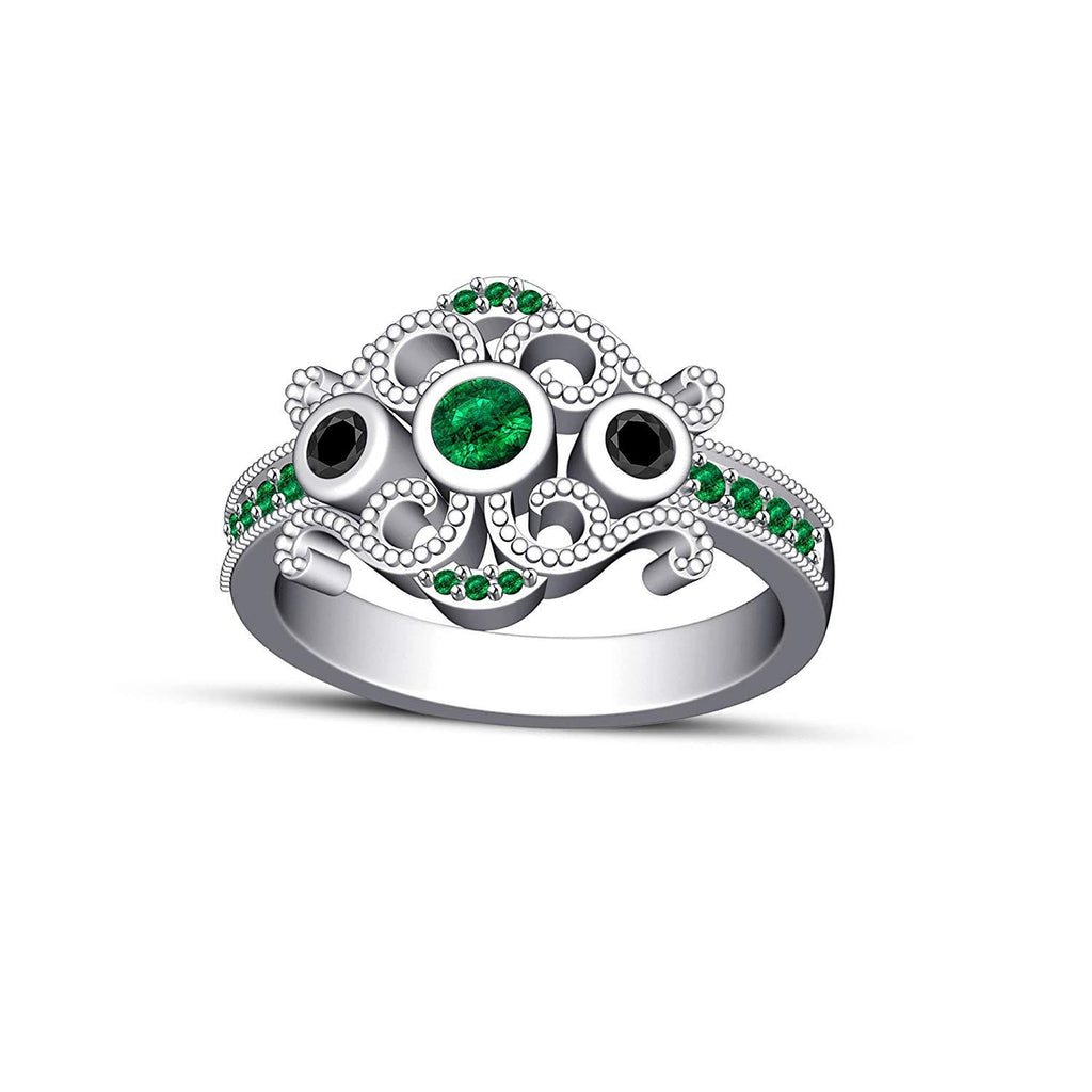 14k White Gold Over 925 Sterling Silver Round Cut Green Emerald & Black Cubic Zirconia Diamond Princess Engagement Wedding With Band Ring Set - atjewels.in