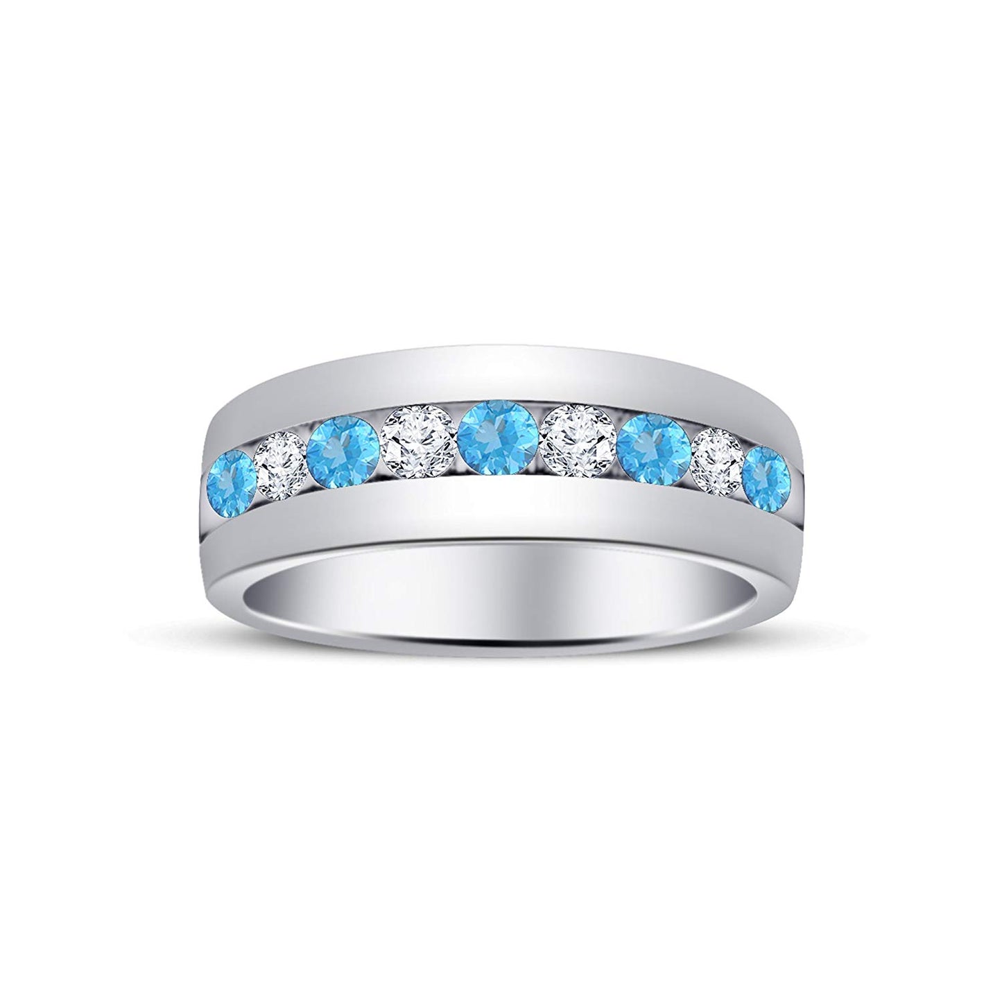 atjewels Round Cut Aquamarine & White CZ .925 Sterling Silver Wedding Band Ring For Women's and Girl's For Diwali Special - atjewels.in