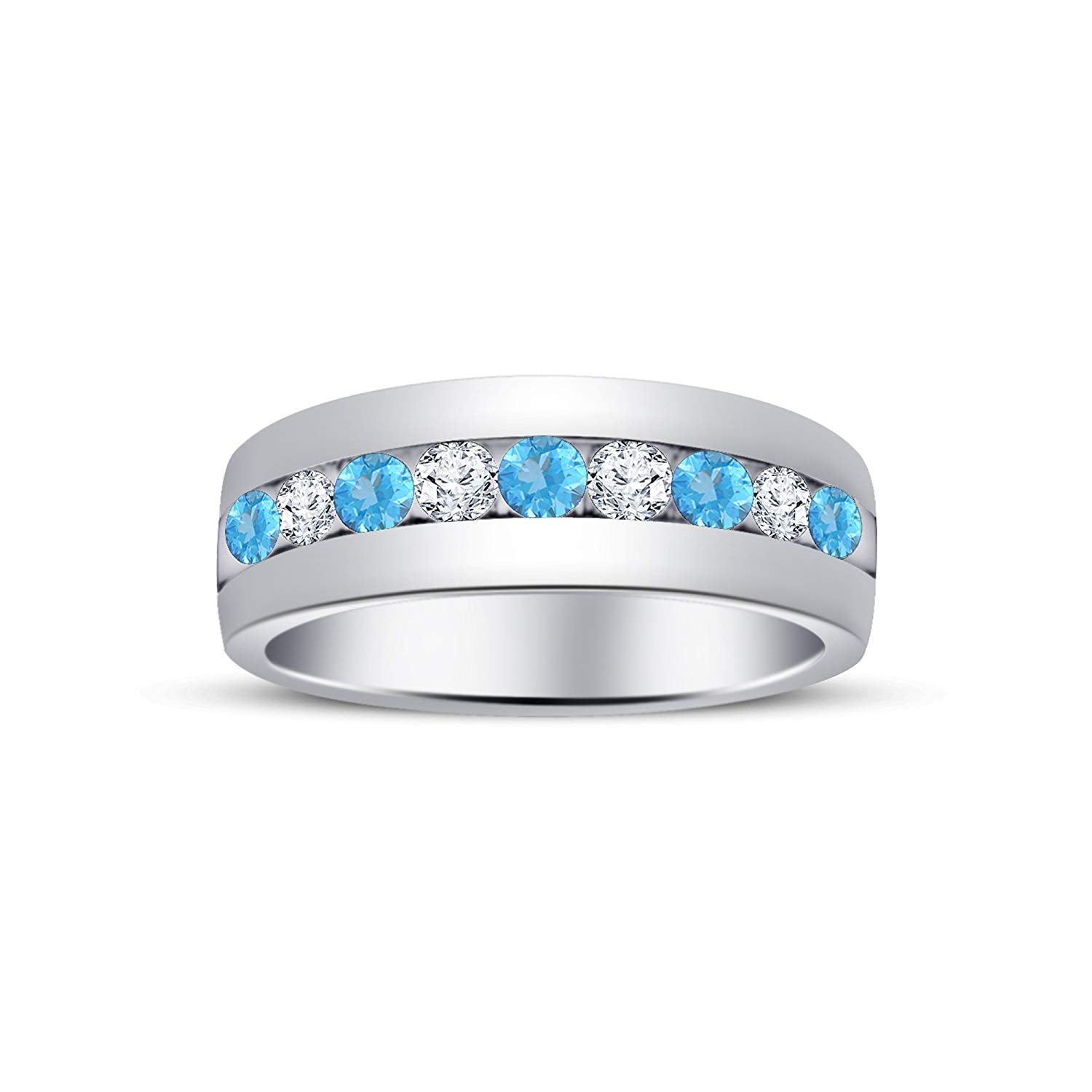 atjewels Round Cut Aquamarine & White CZ .925 Sterling Silver Wedding Band Ring For Women's and Girl's For Diwali Special - atjewels.in