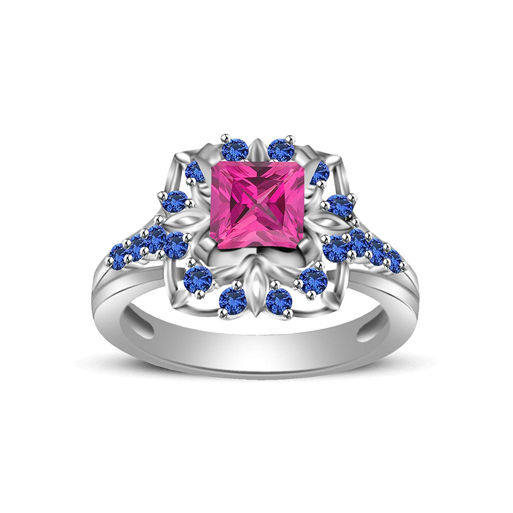 atjewels Princess & Round Cut Pink & Blue Sapphire .925 Sterling Silver Engagement Ring Size 9 For Women's and Girl's MOTHER'S DAY SPECIAL OFFER - atjewels.in