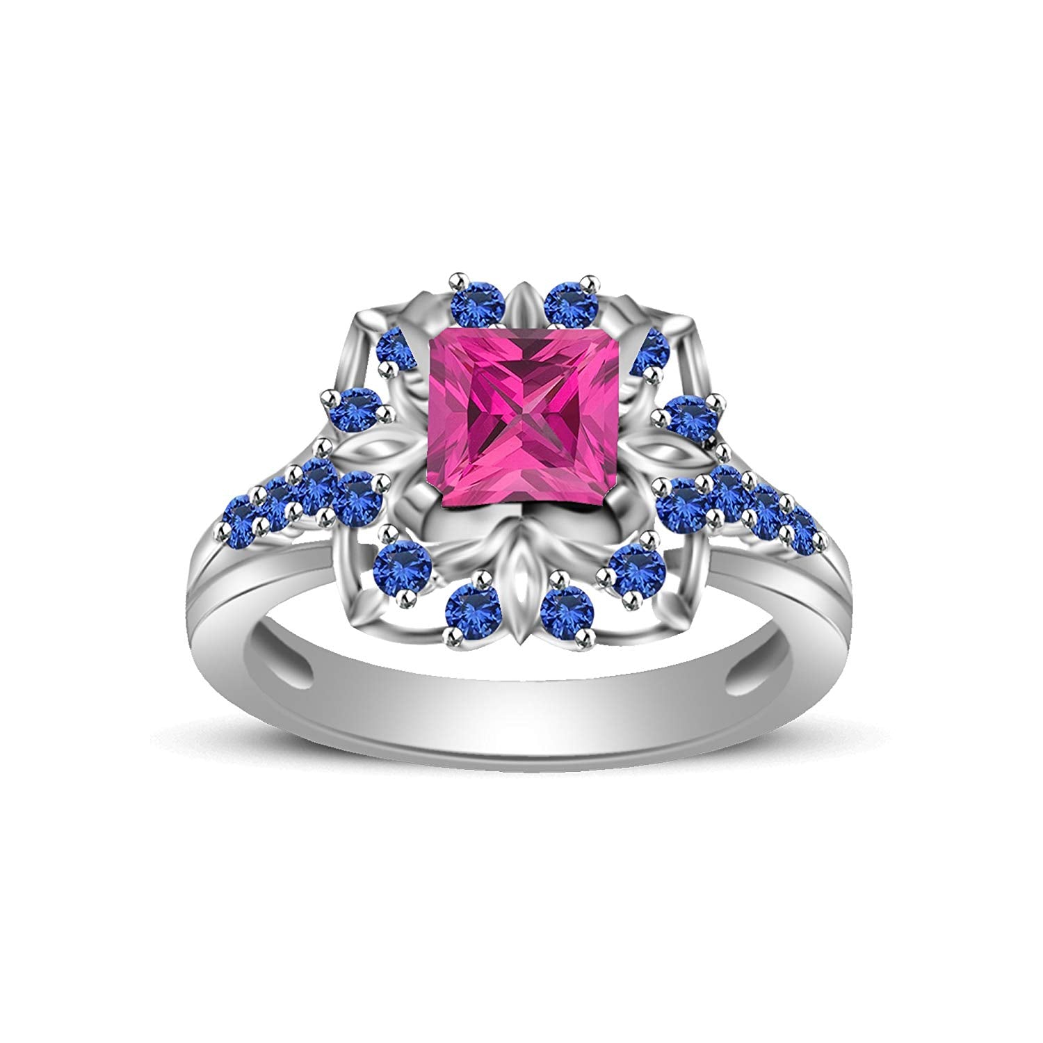 atjewels Princess & Round Cut Pink & Blue Sapphire .925 Sterling Silver Engagement Ring Size 7 For Women's and Girl's MOTHER'S DAY SPECIAL OFFER - atjewels.in