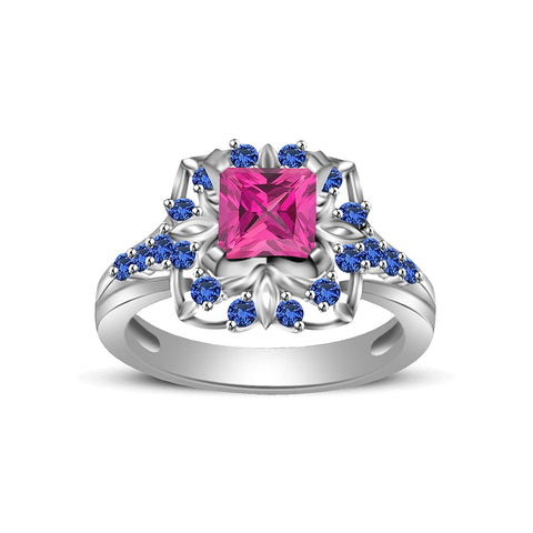 atjewels Princess & Round Cut Pink & Blue Sapphire .925 Sterling Silver Engagement Ring Size 7 For Women's and Girl's MOTHER'S DAY SPECIAL OFFER - atjewels.in