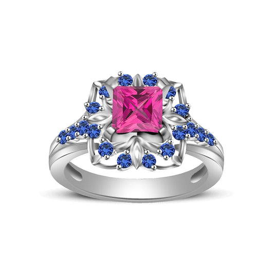 atjewels Princess & Round Cut Pink & Blue Sapphire .925 Sterling Silver Engagement Ring Size 6 For Women's and Girl's MOTHER'S DAY SPECIAL OFFER - atjewels.in