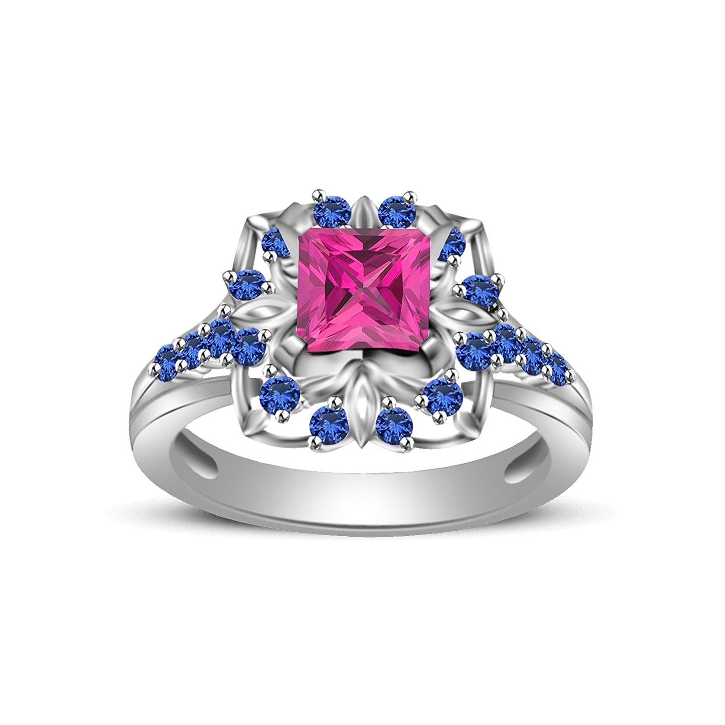 atjewels Princess & Round Cut Pink & Blue Sapphire .925 Sterling Silver Engagement Ring Size 5 For Women's and Girl's MOTHER'S DAY SPECIAL OFFER - atjewels.in