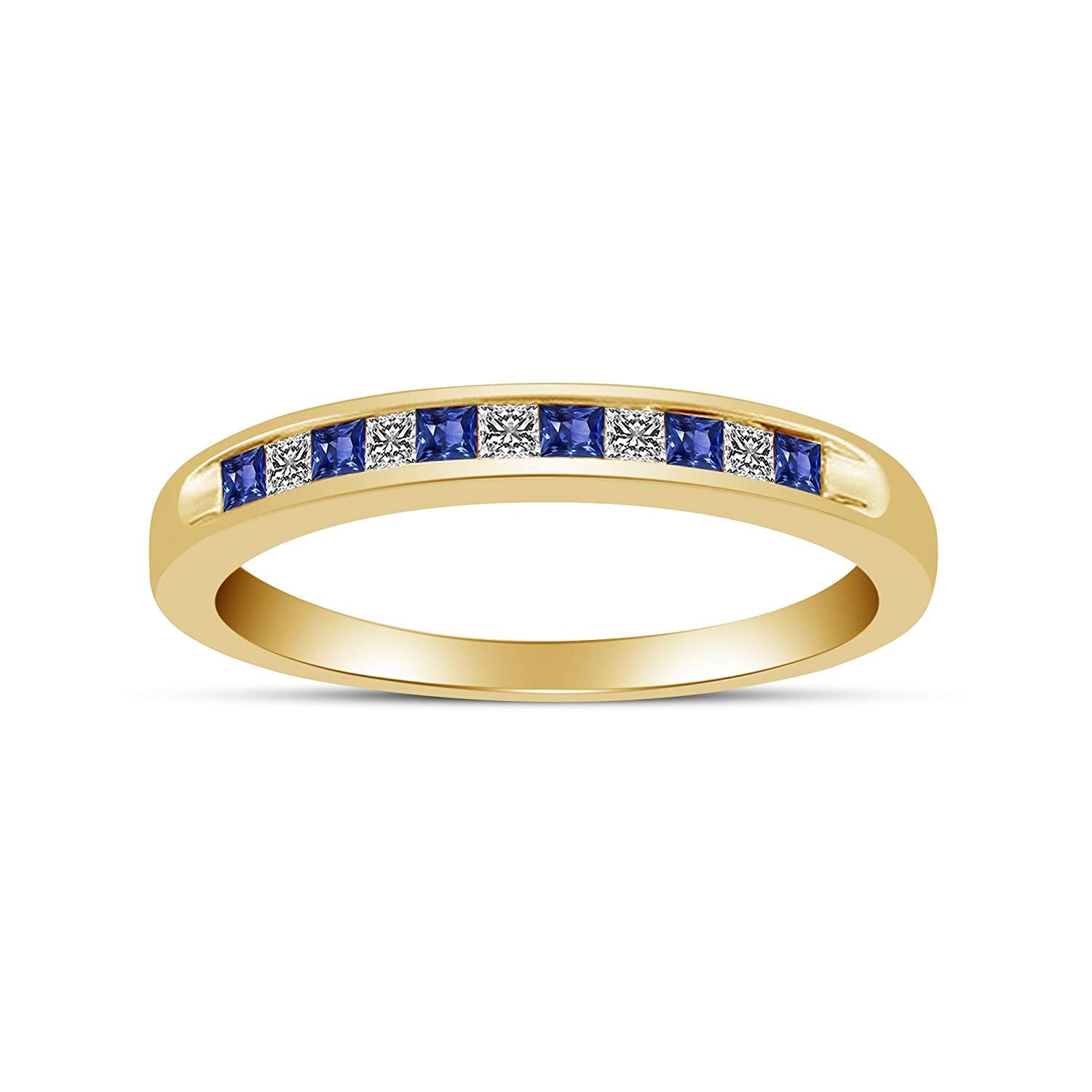 atjewels 18K Yellow Gold Over 925 Sterling Silver Princess Blue Sapphire & White CZ Wedding Band Ring MOTHER'S DAY SPECIAL OFFER - atjewels.in