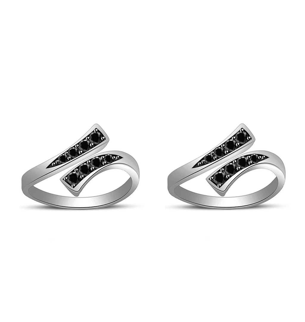 atjewels 14K White Gold Over .925 Silver Round Black CZ Bypass ToeRing Set For Women's - atjewels.in