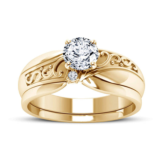 atjewels Round White Zirconia with 14K Yellow Gold Over .925 Sterling Silver Engagement Bridal Ring Set MOTHER'S DAY SPECIAL OFFER - atjewels.in