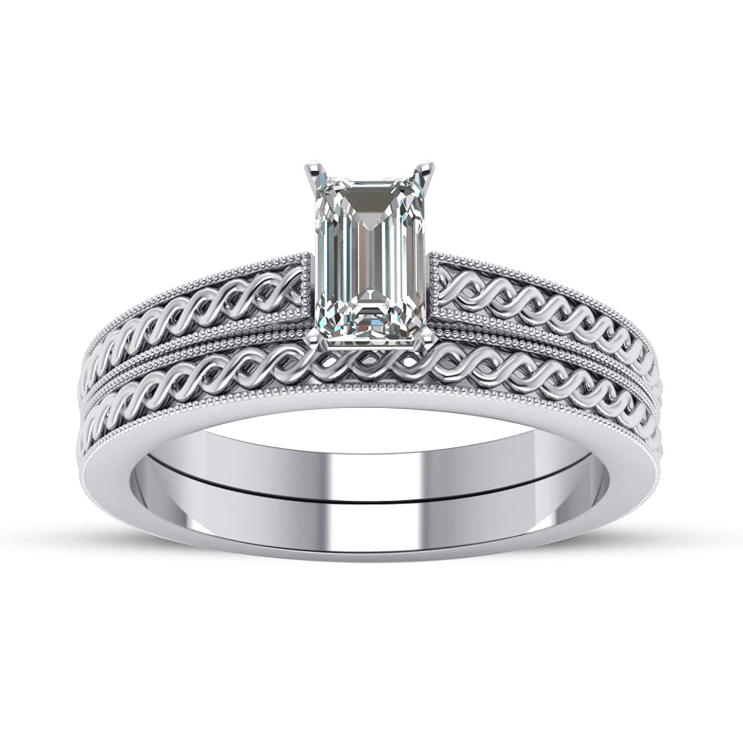 atjewels 14K White Gold Over Silver Emerald Cut Solitaire/Bridal Ring Set For Women's MOTHER'S DAY SPECIAL OFFER - atjewels.in